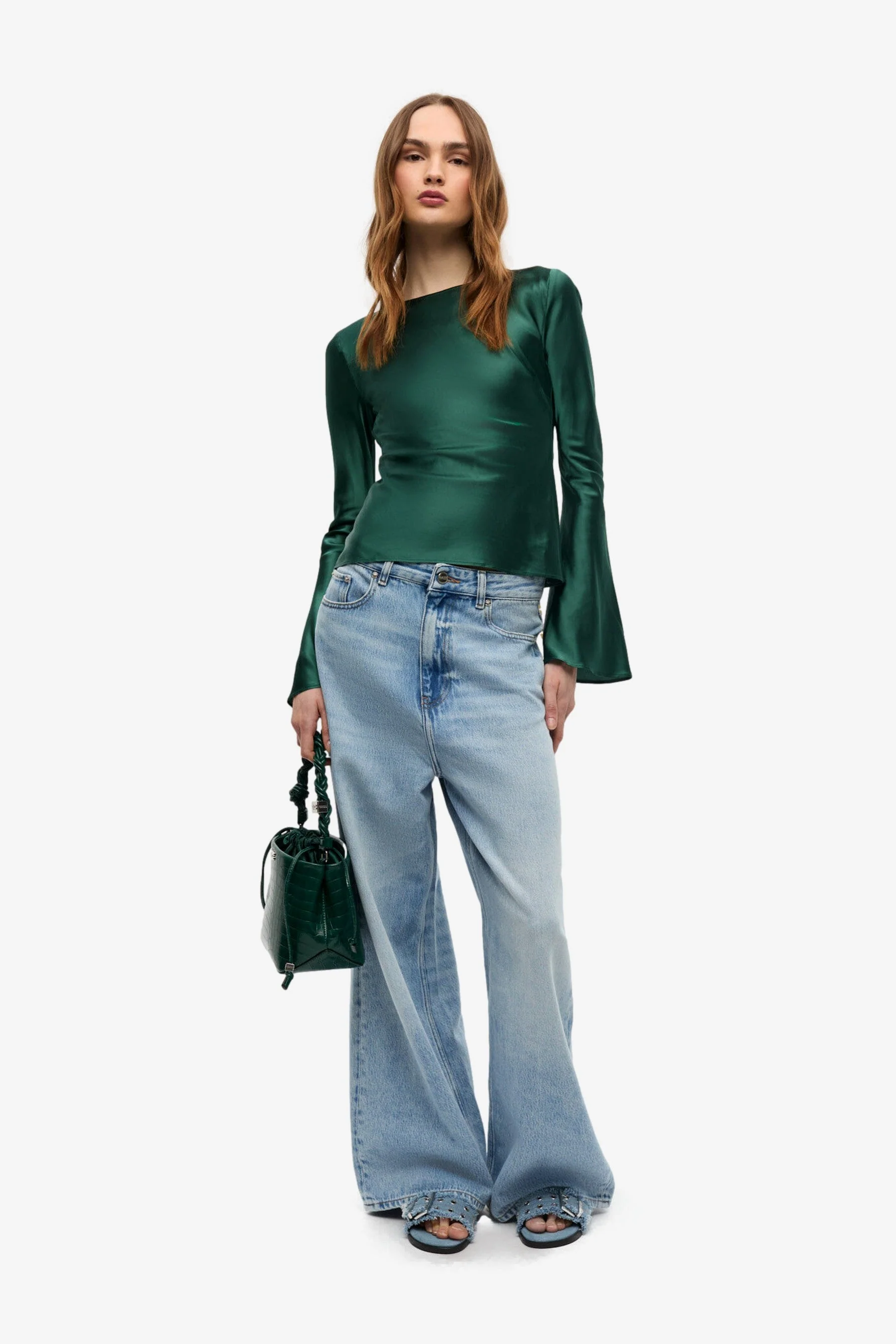 Ganni Solid Stretch Satin Long Sleeve Blouse - Image 5