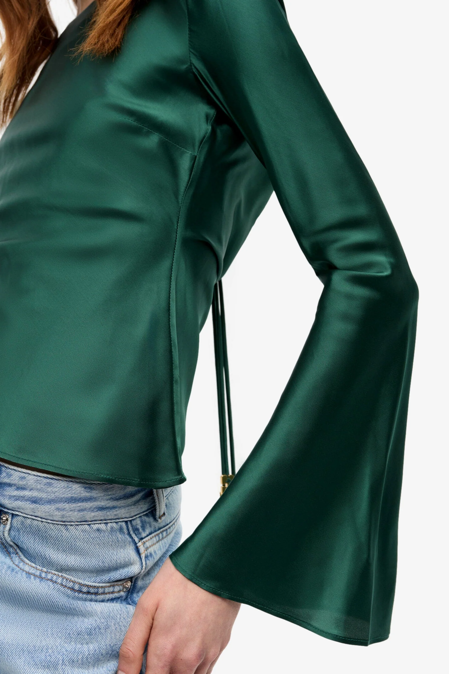Ganni Solid Stretch Satin Long Sleeve Blouse - Image 6