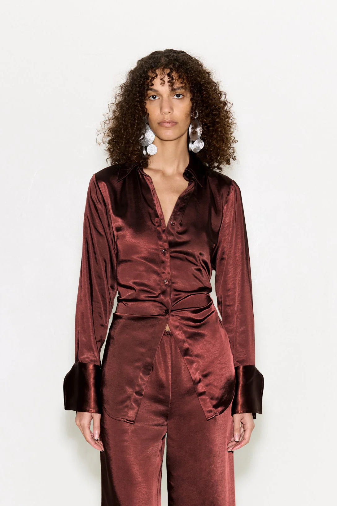 Simon Miller Loch Satin Button Up Shirt - Choco Brown - Image 3