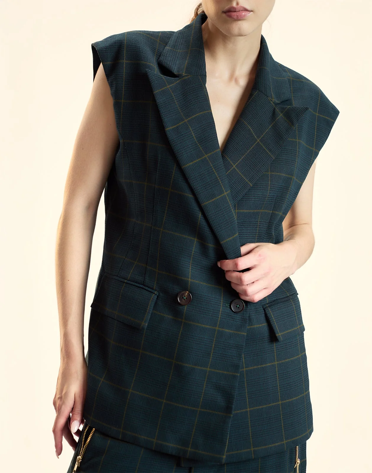 Cynthia Rowley Plaid Vest - Green Plaid - Image 4