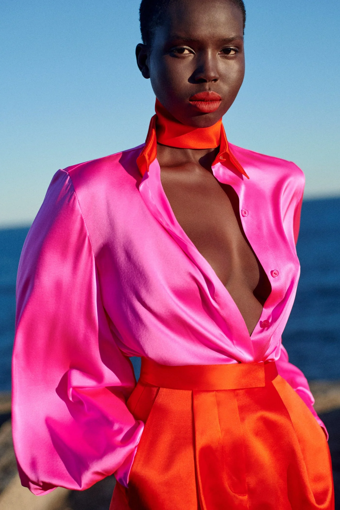 ALEX PERRY Sutton Silk Satin Balloon Sleeve Dress - Pink w Scarlet - Image 7