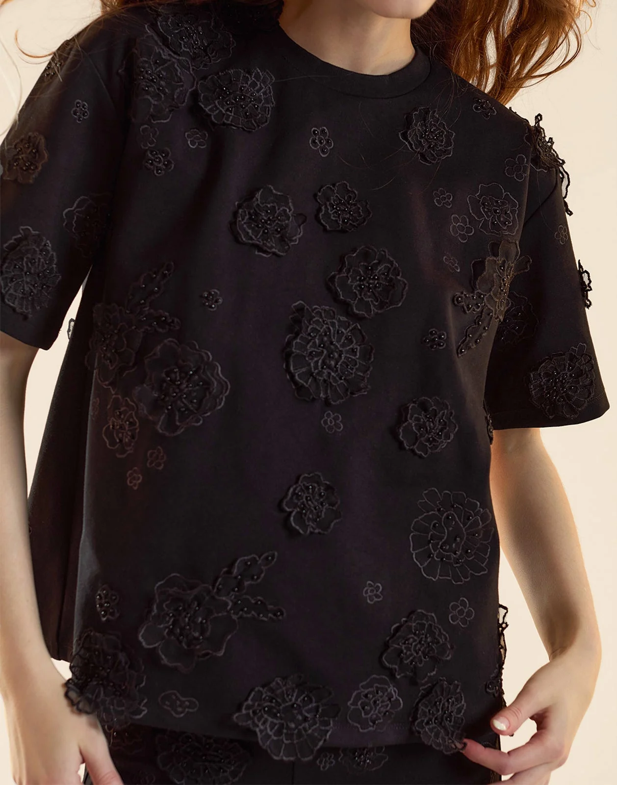 Cynthia Rowley Pop Floral Applique Top - Black - Image 5