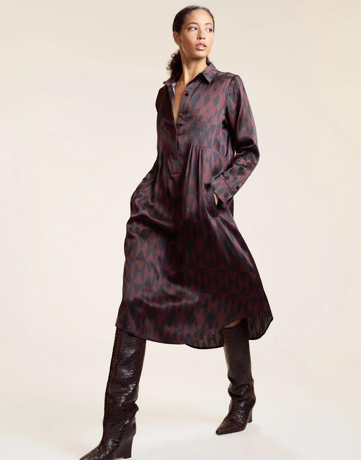 Cynthia Rowley Silk Pintuck Shirt Dress - Black/Burgundy - Image 2