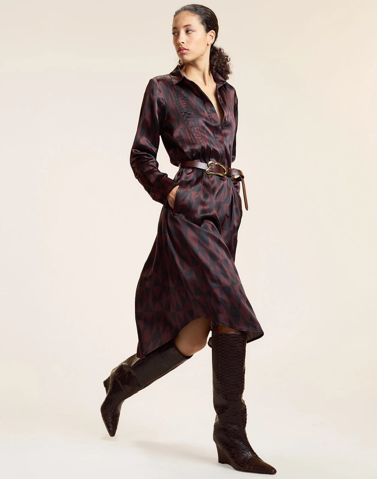 Cynthia Rowley Silk Pintuck Shirt Dress - Black/Burgundy - Image 4