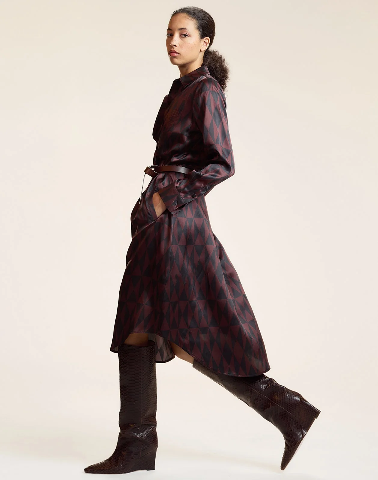 Cynthia Rowley Silk Pintuck Shirt Dress - Black/Burgundy - Image 5