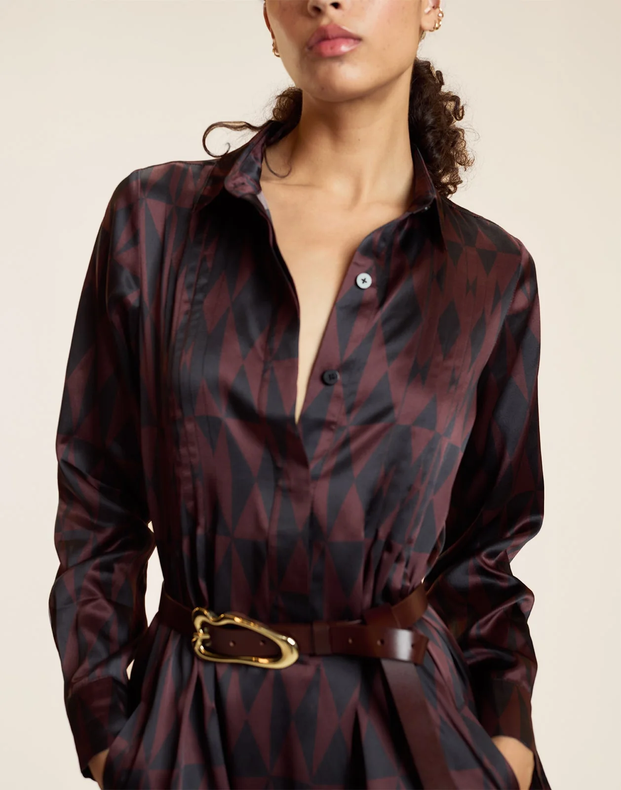 Cynthia Rowley Silk Pintuck Shirt Dress - Black/Burgundy - Image 7