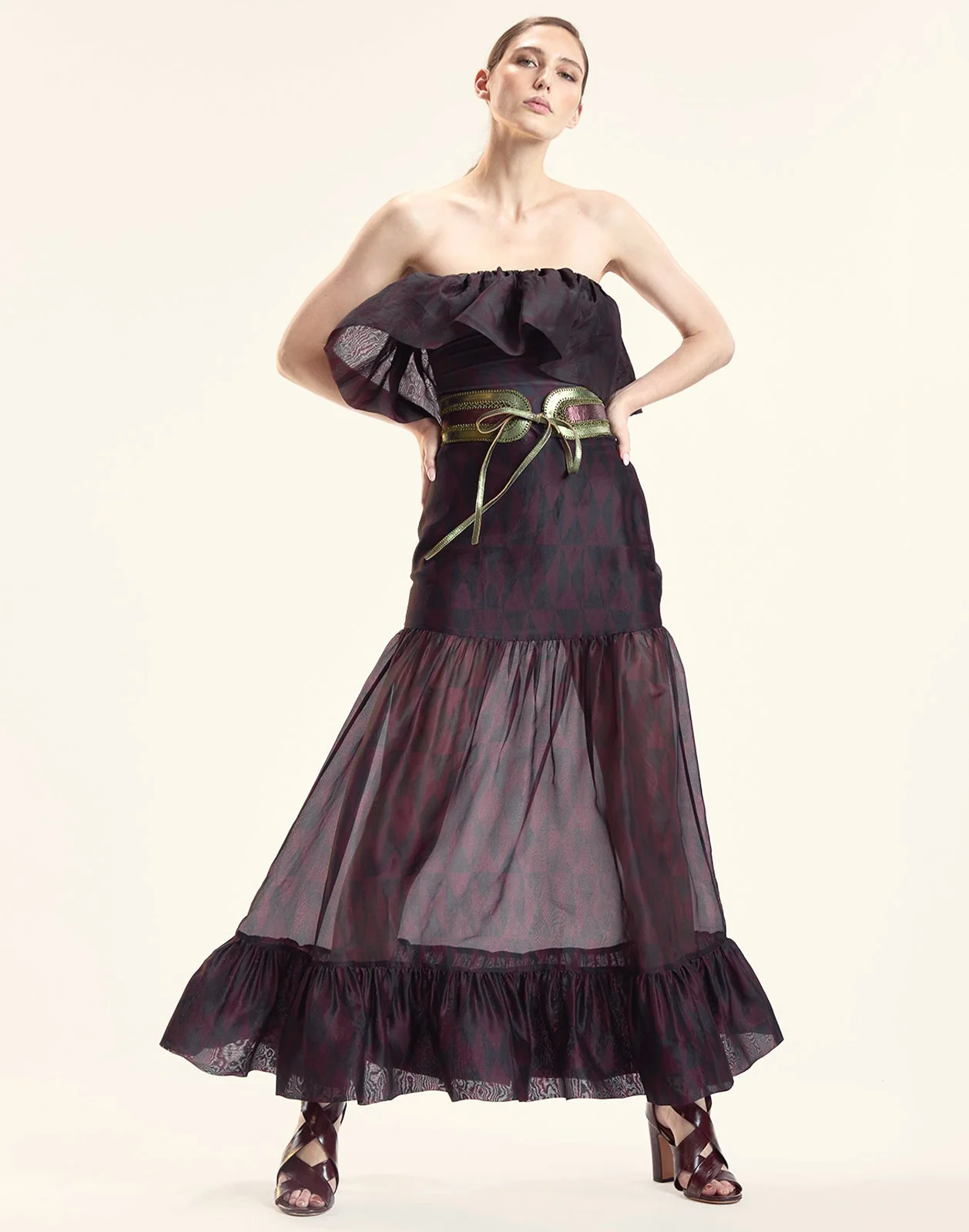 Cynthia Rowley Eugenia Organza Flounce Top - Black/Burgundy - Image 2