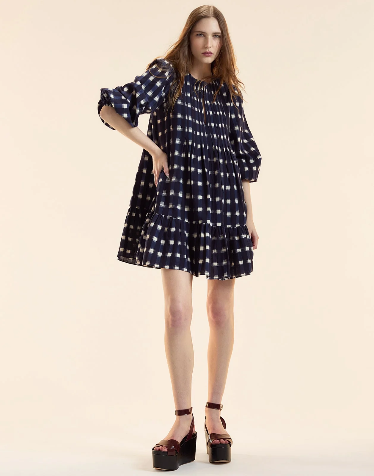 Cynthia Rowley Ingrid Pintuck Mini Dress - Navy/White Plaid - Image 5