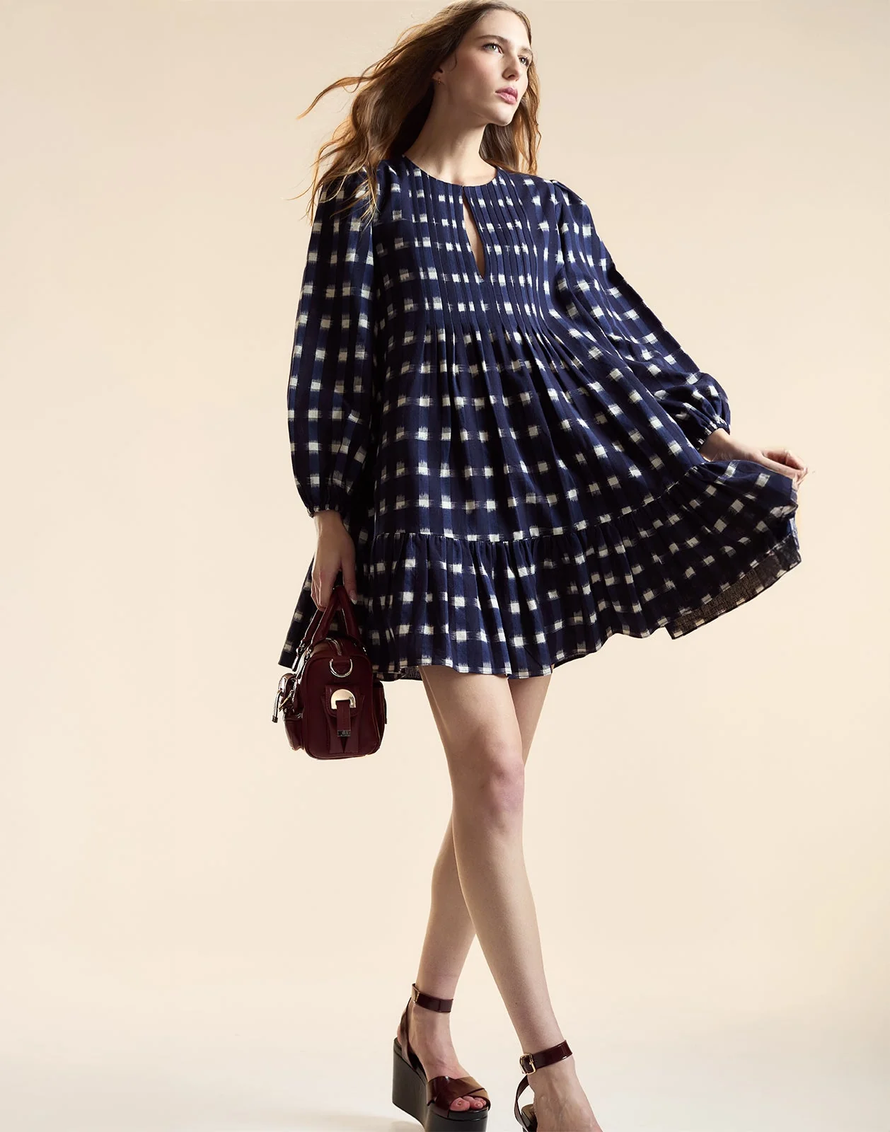 Cynthia Rowley Ingrid Pintuck Mini Dress - Navy/White Plaid - Image 6