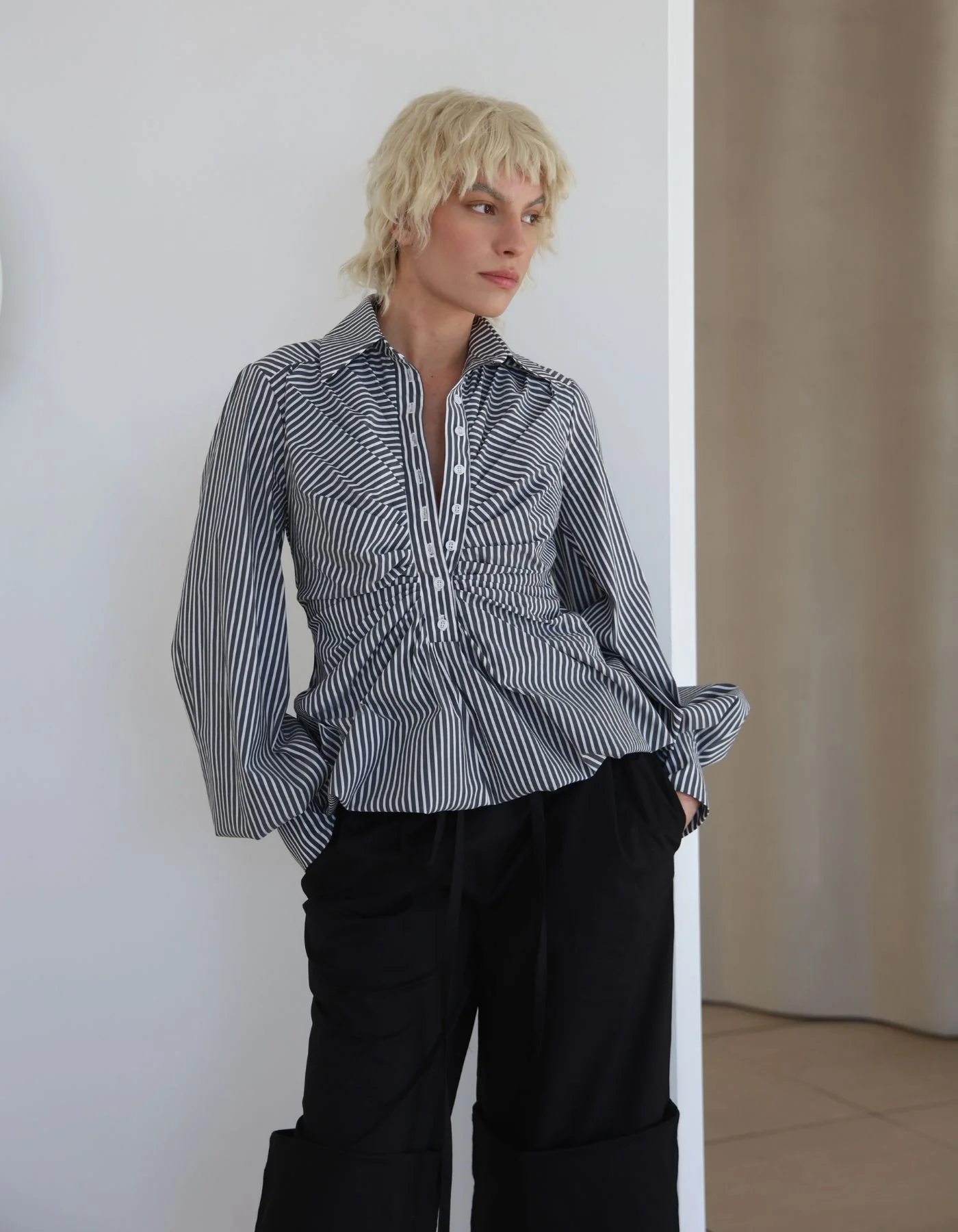 MAET Chlea Striped Shirt - White/Dark Grey Stripes - Image 2