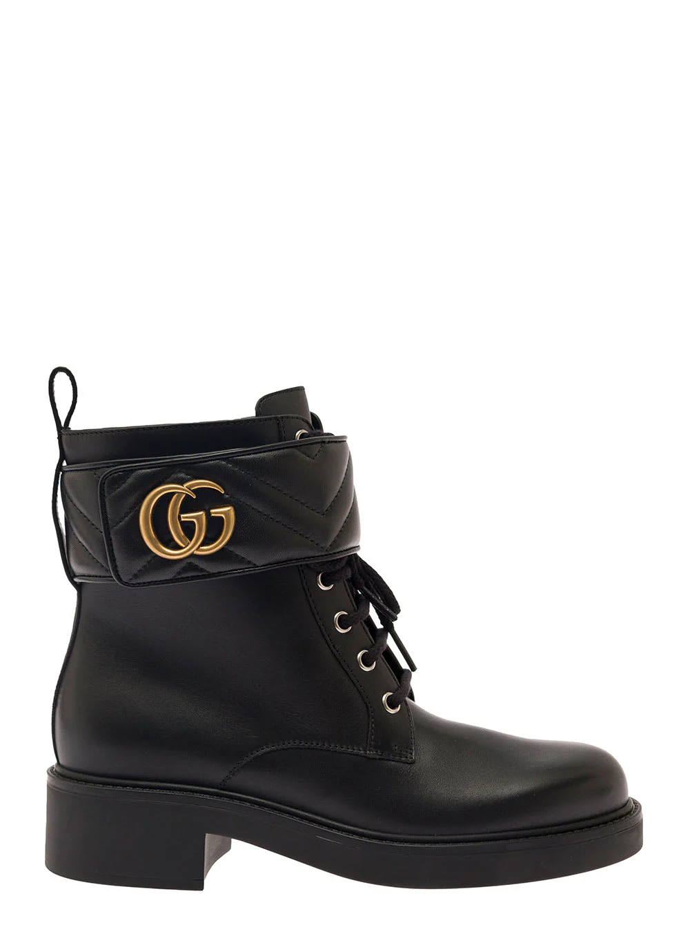 Gucci Black Ankle Boot With Double G And Textured Hardware In Leather - Black