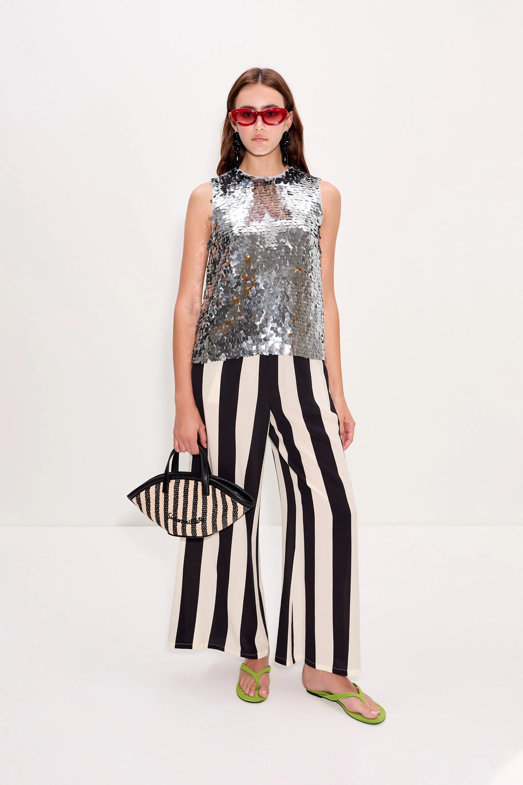 Simon Miller Nella Crepe Wide Leg Pant - Black/White Stripe - Image 3