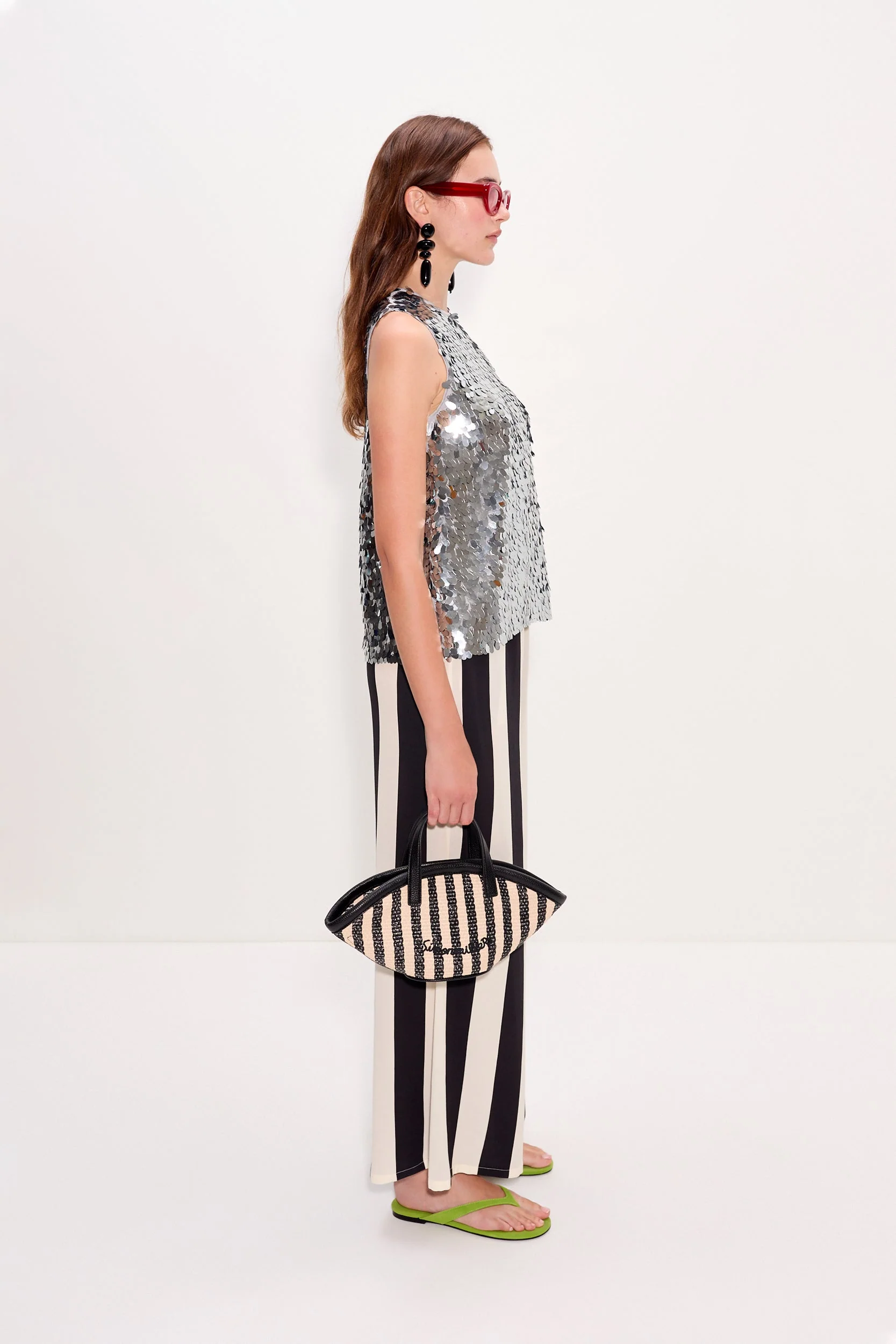 Simon Miller Nella Crepe Wide Leg Pant - Black/White Stripe - Image 4