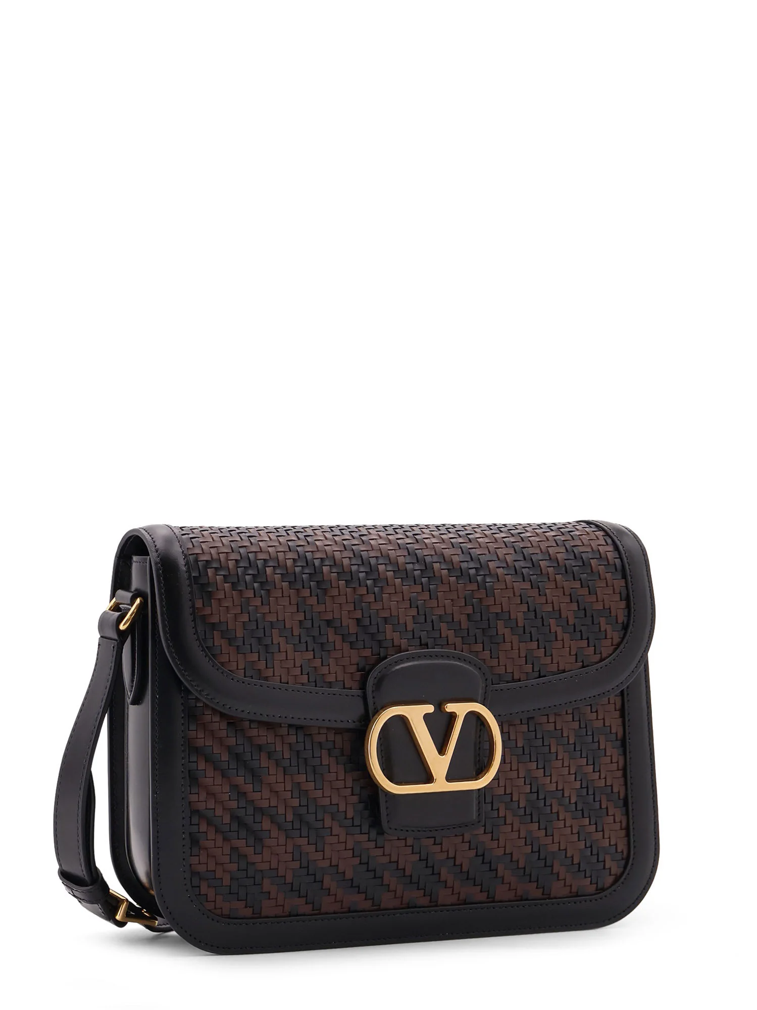 Valentino Garavani 9to5 Woven Leather Shoulder Bag - Nero/Bark Brown/Nero - Image 3