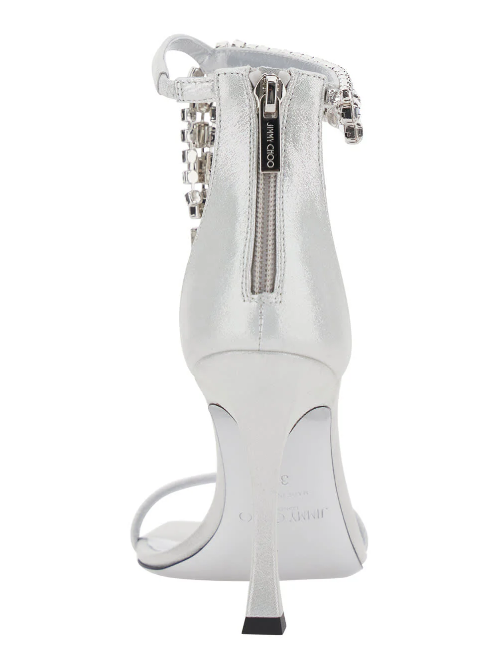 JIMMY CHOO Crystal Metallic Sandals with Rhinestoned Ankle Strap and High Curved Heel - Metallic - Image 4