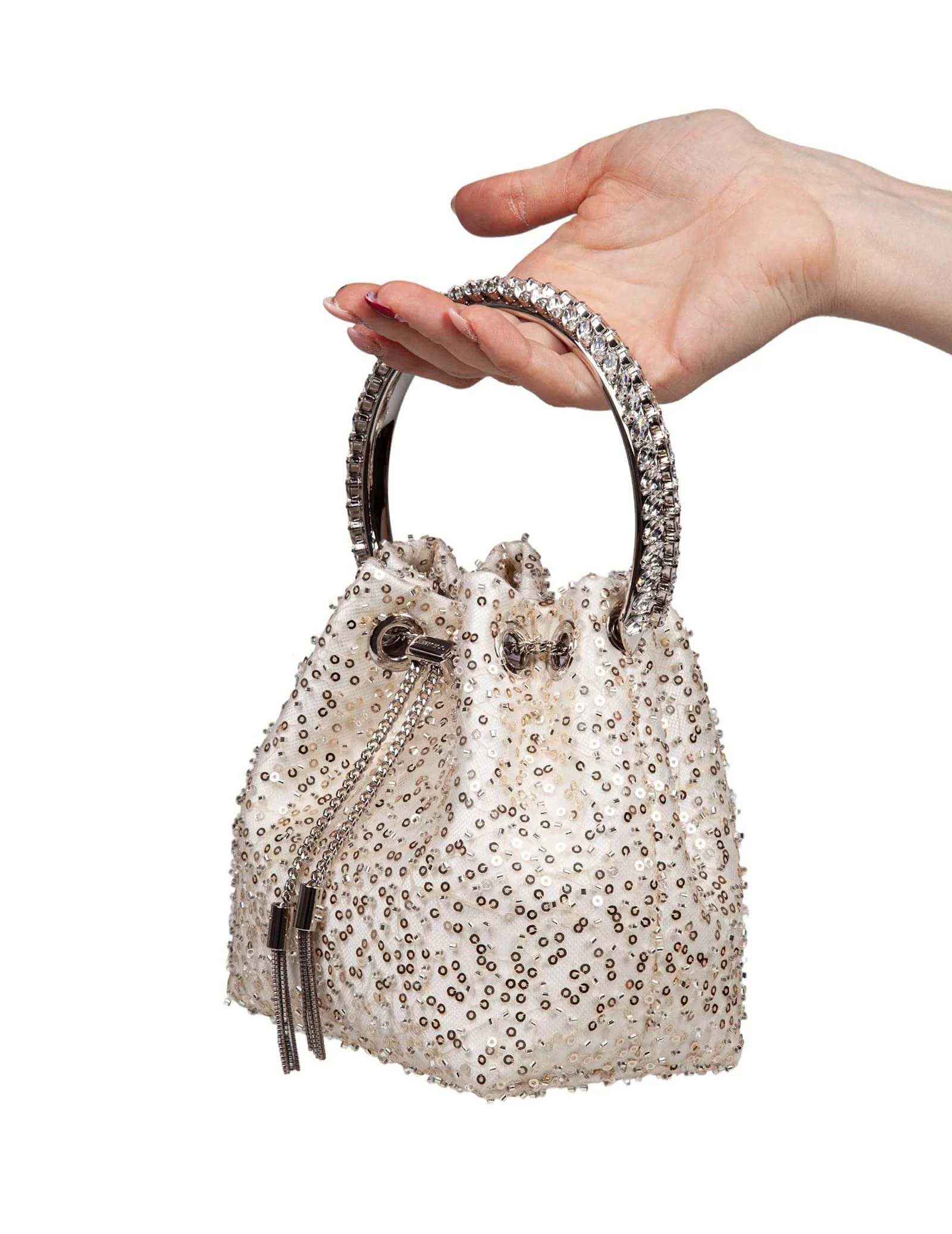 JIMMY CHOO Bon Bon Satin Bag With Micro Net And Applied Stones - Ivory/Crystal - Image 2