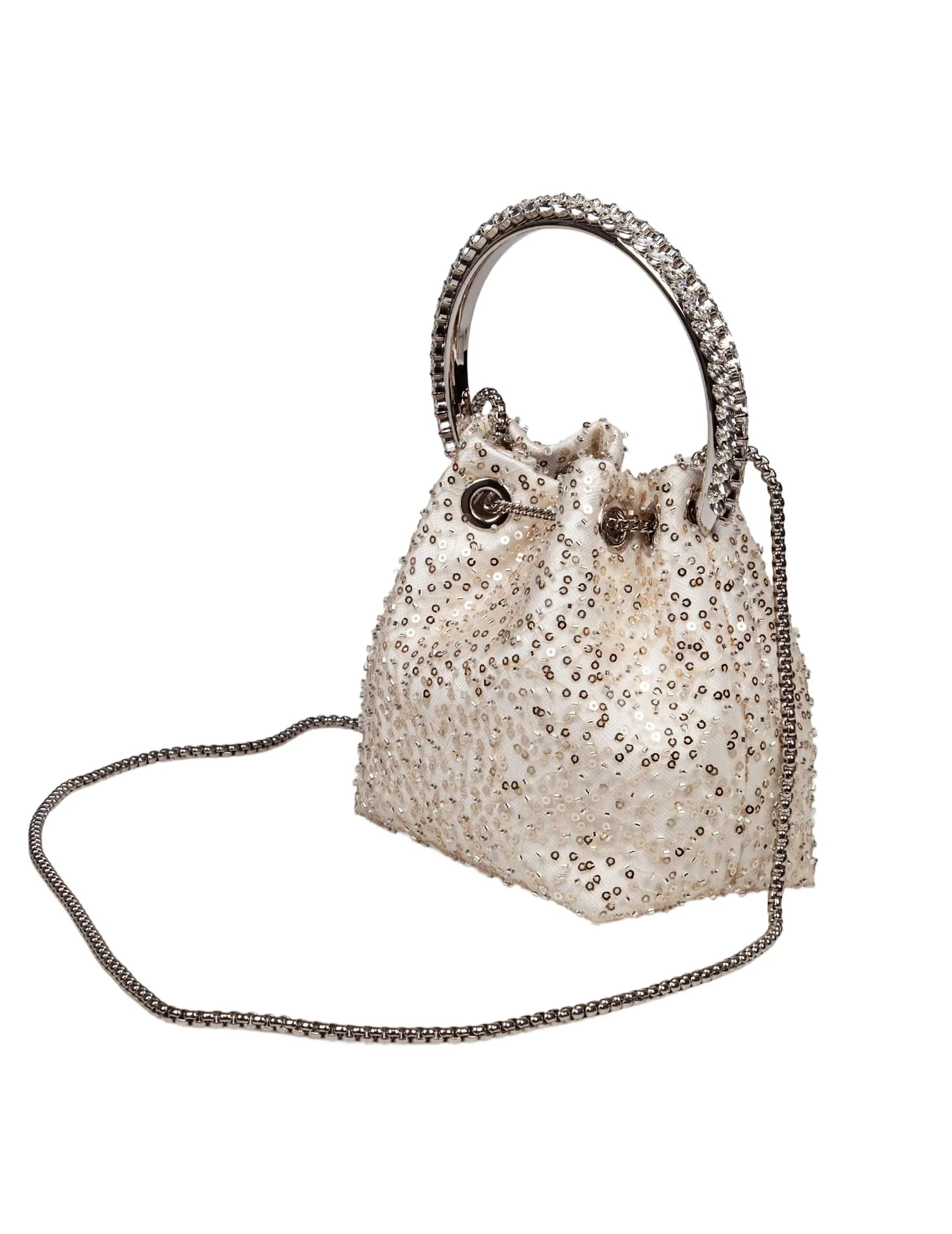 JIMMY CHOO Bon Bon Satin Bag With Micro Net And Applied Stones - Ivory/Crystal - Image 3