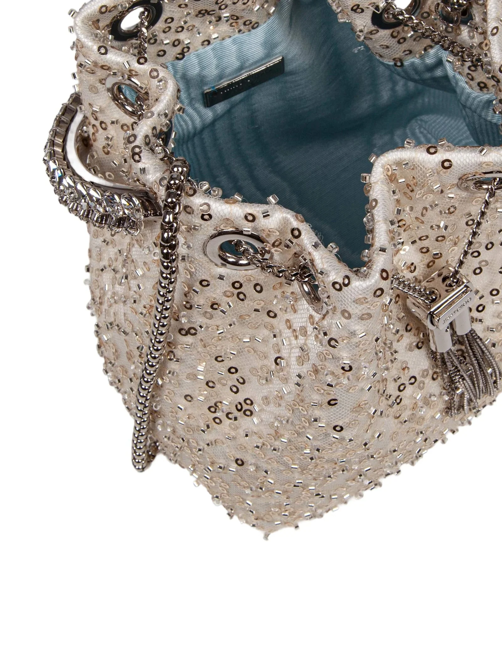 JIMMY CHOO Bon Bon Satin Bag With Micro Net And Applied Stones - Ivory/Crystal - Image 4