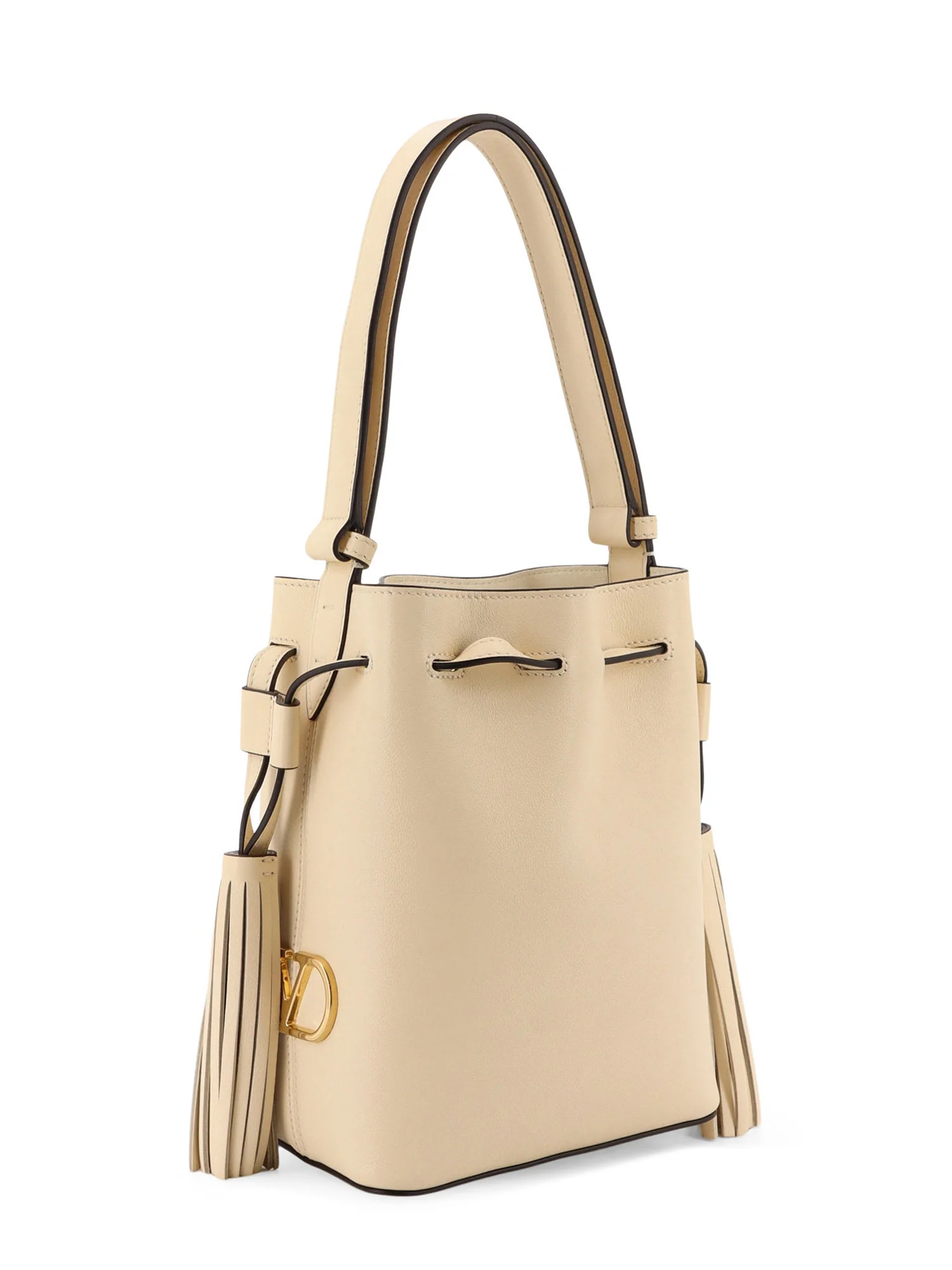 Valentino Garavani Leather Bucket Bag With Metal Vlogo Signature - Butter White - Image 3