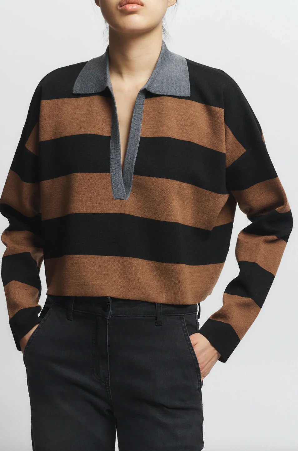 Saint Art Simira Striped Knit Polo Top - Black/Brown - Image 3