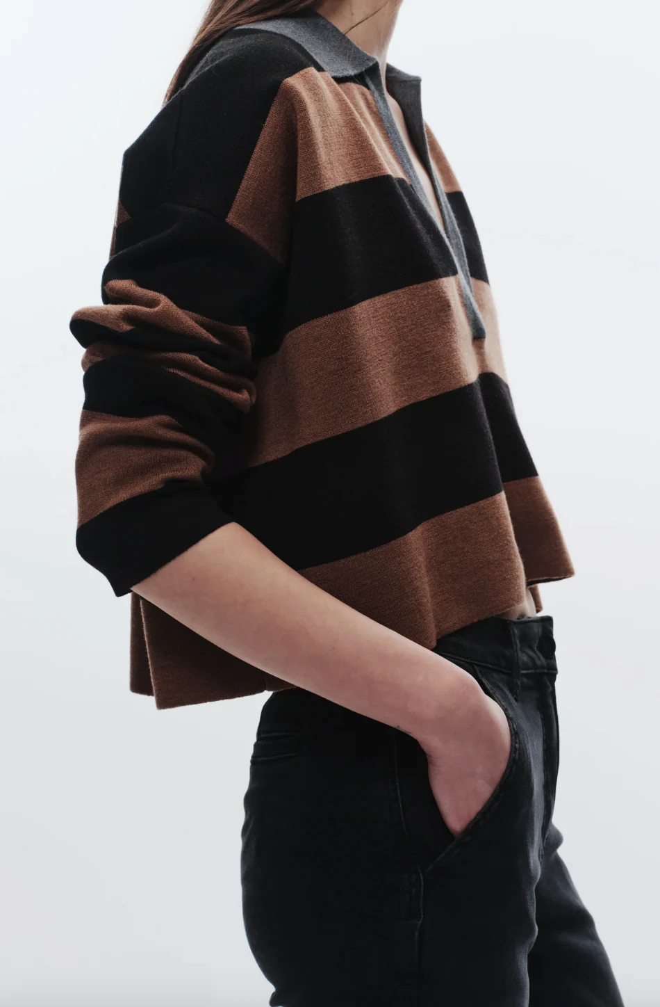 Saint Art Simira Striped Knit Polo Top - Black/Brown - Image 4