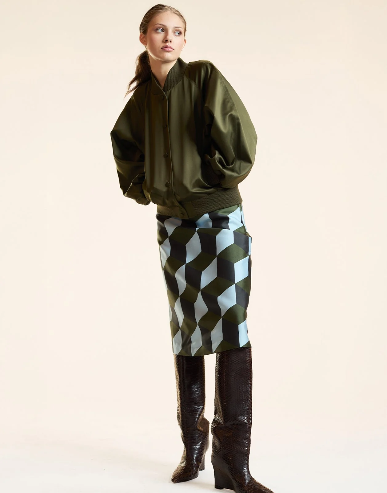 Cynthia Rowley Satin Bomber Jacket - Army Green - Image 3