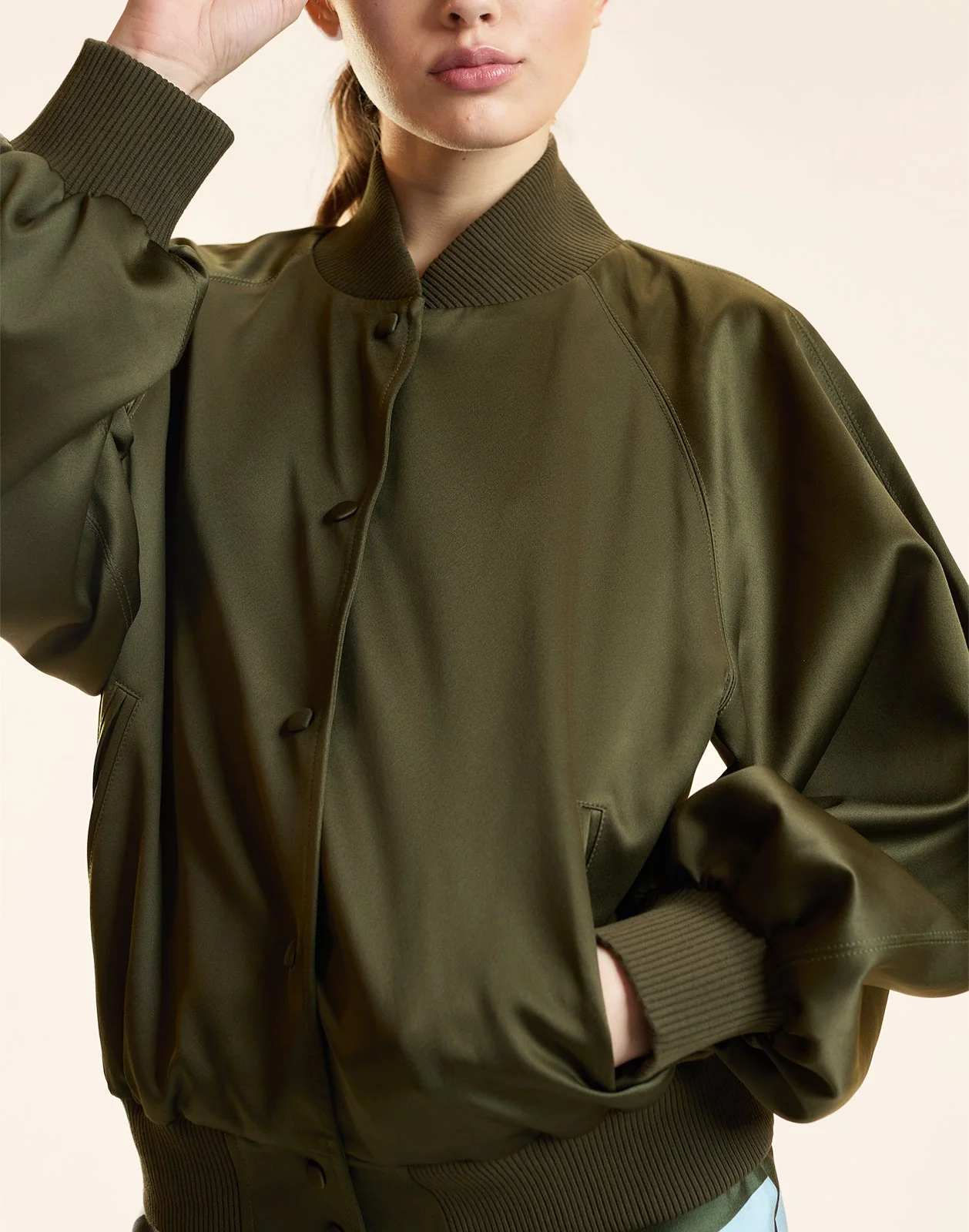 Cynthia Rowley Satin Bomber Jacket - Army Green - Image 7