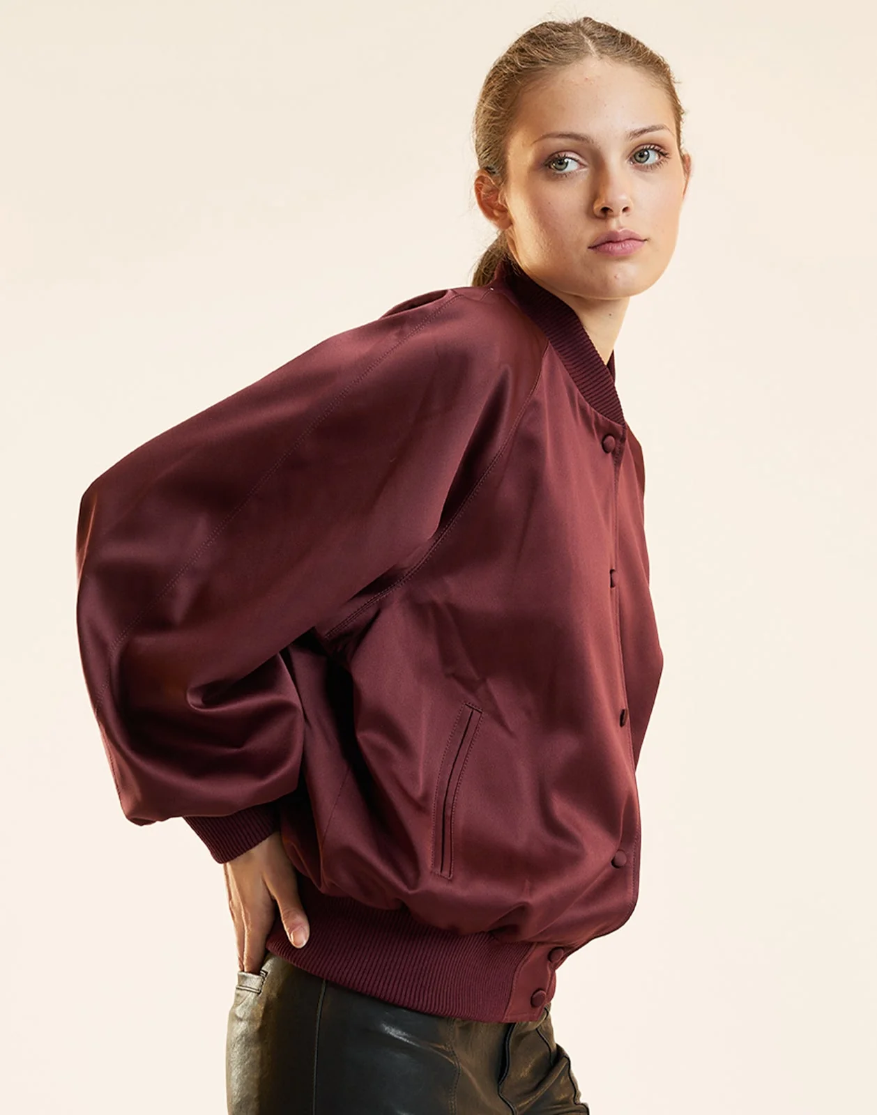 Cynthia Rowley Satin Bomber Jacket - Burgundy - Image 2
