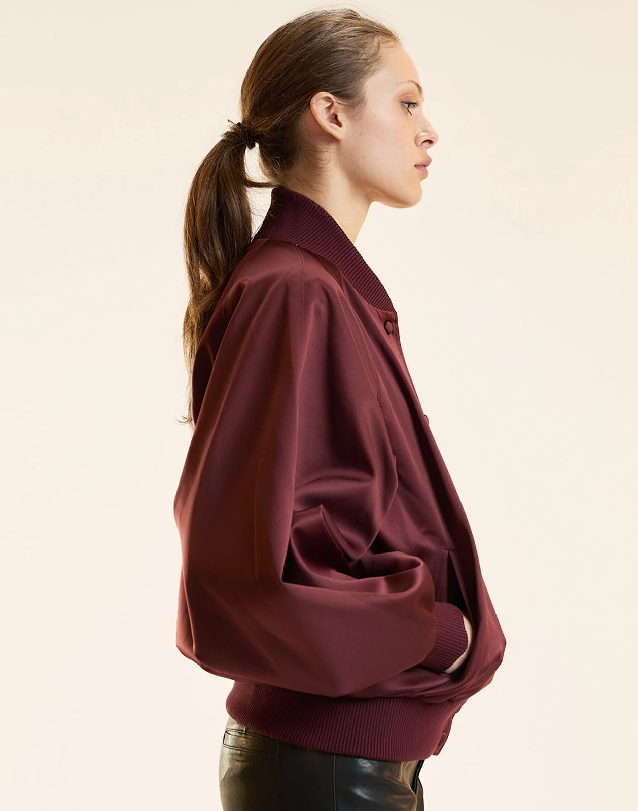 Cynthia Rowley Satin Bomber Jacket - Burgundy - Image 3