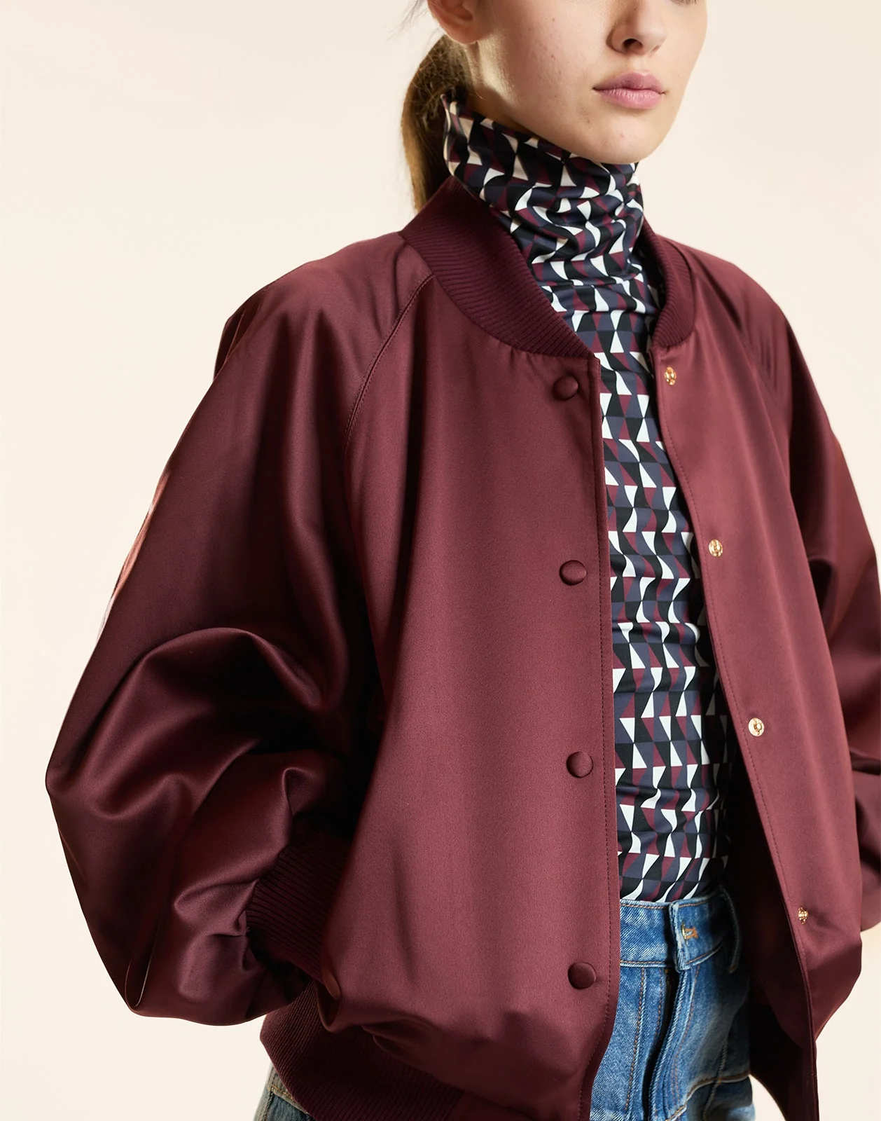 Cynthia Rowley Satin Bomber Jacket - Burgundy - Image 6