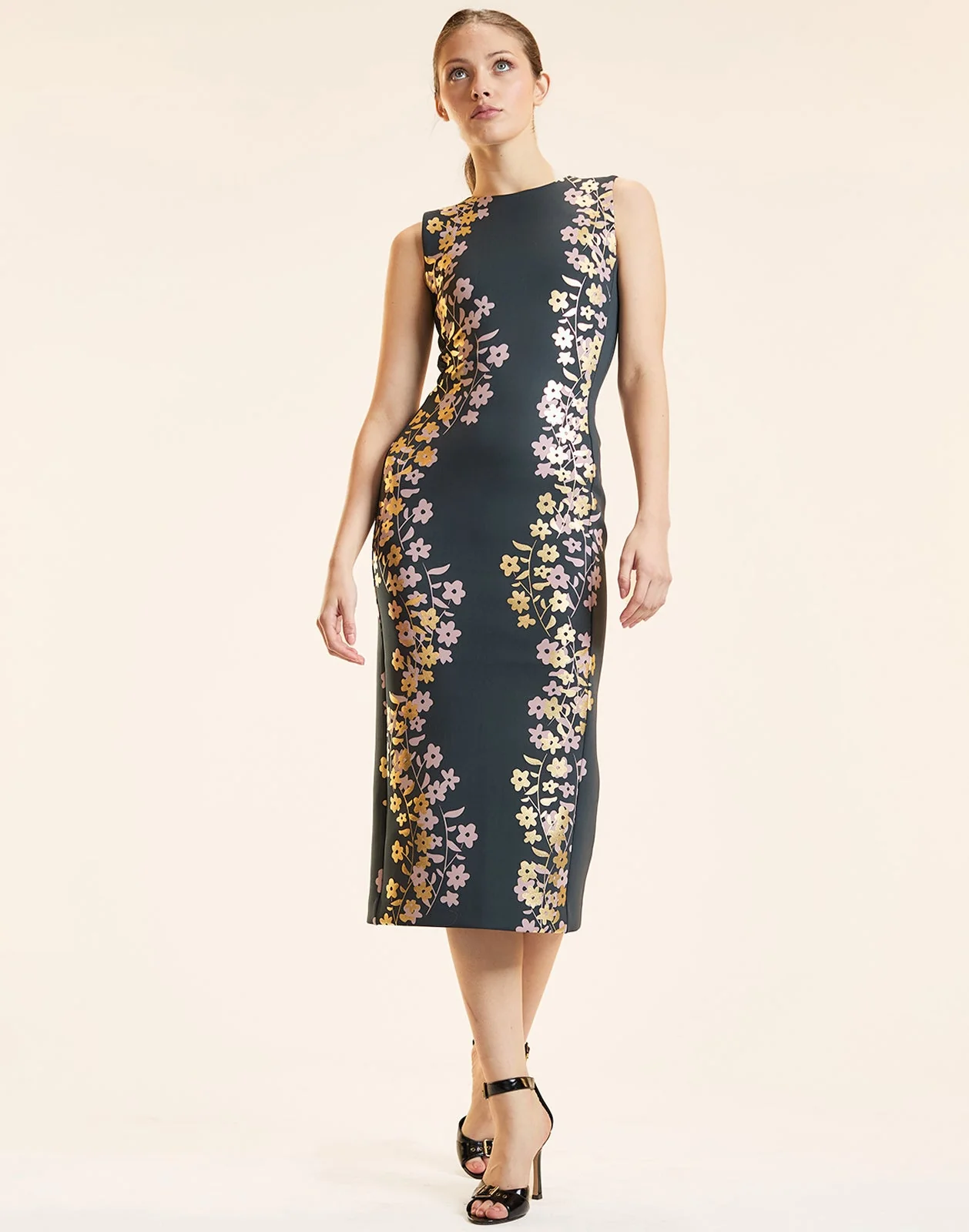 Cynthia Rowley Sleeveless Bonded Midi Dress - Black/Gold - Image 4