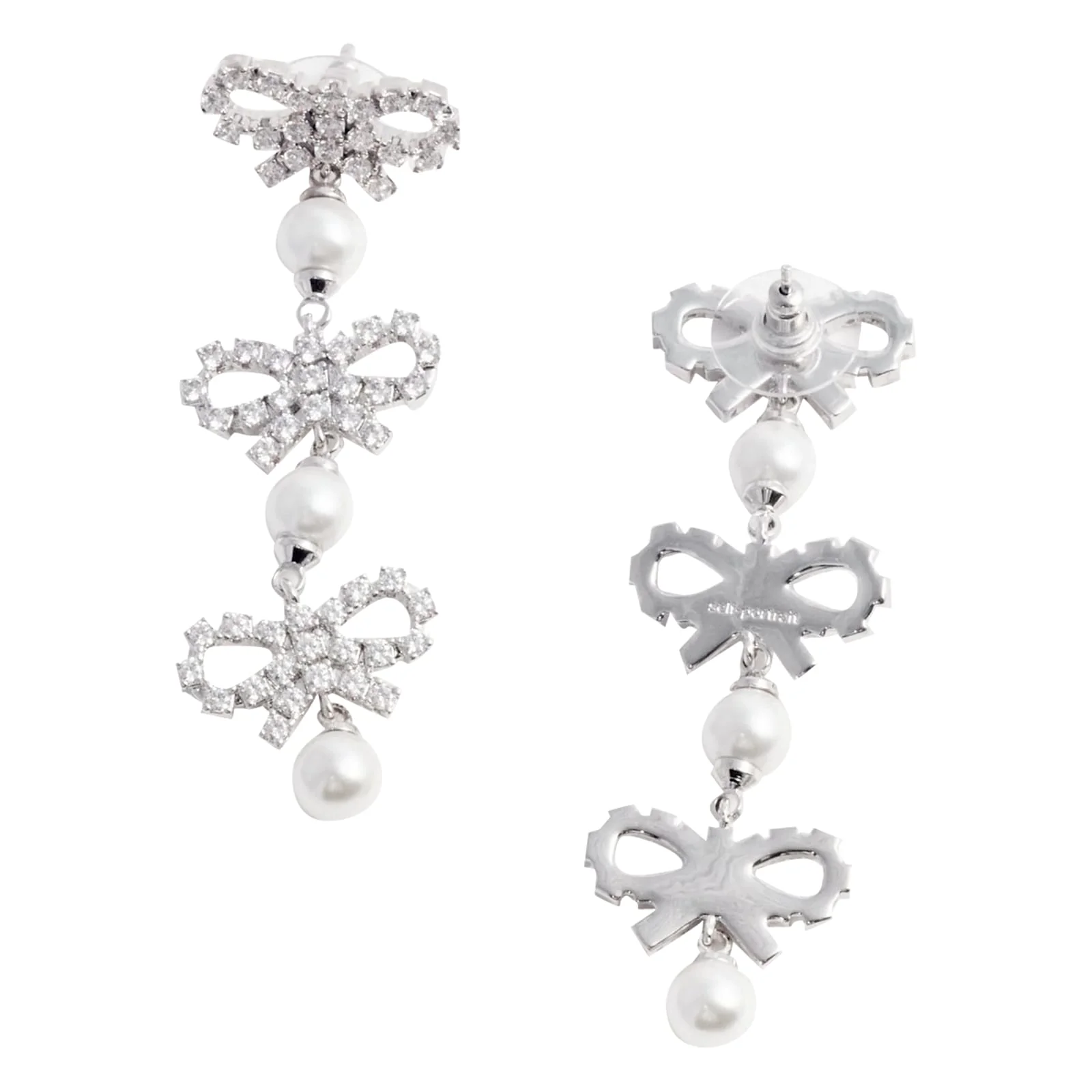 Self-Portrait Micro Bow Pearl Tiered Earrings - Silver - Image 2