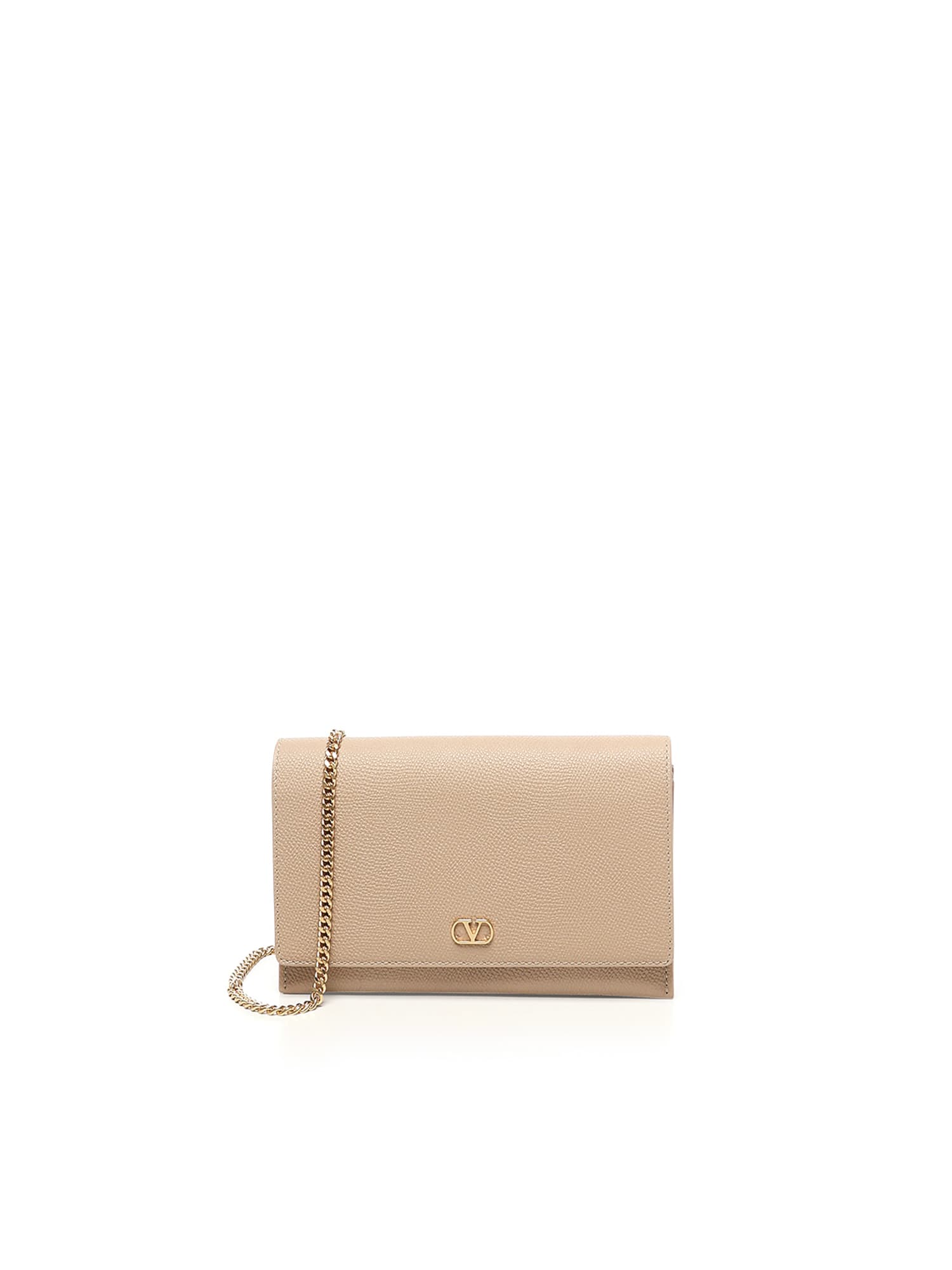 Valentino Garavani Vlogo Leather Wallet With Chain - Rose Sand