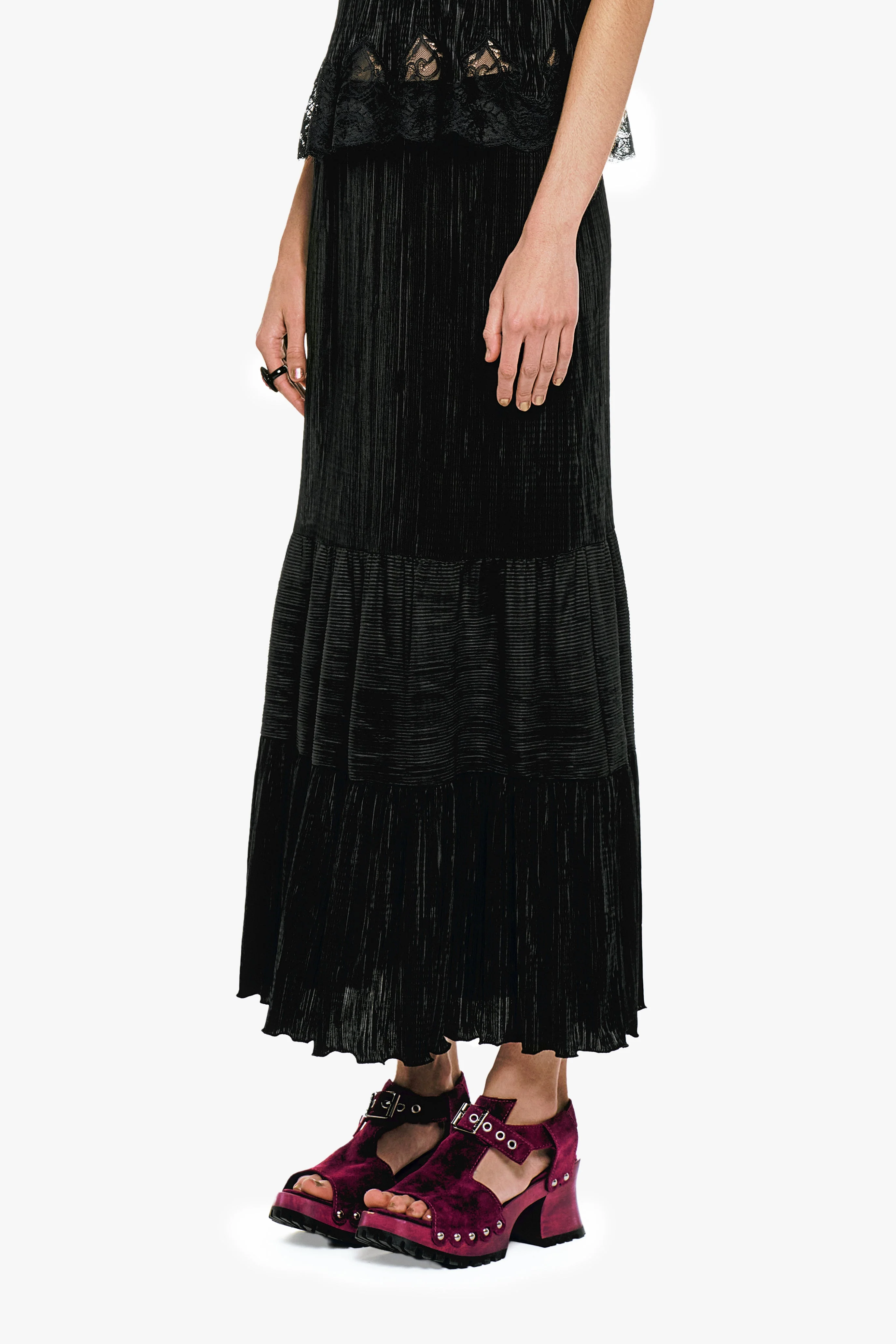 Anna Sui Plissé Tiered Maxi Skirt - Black - Image 4