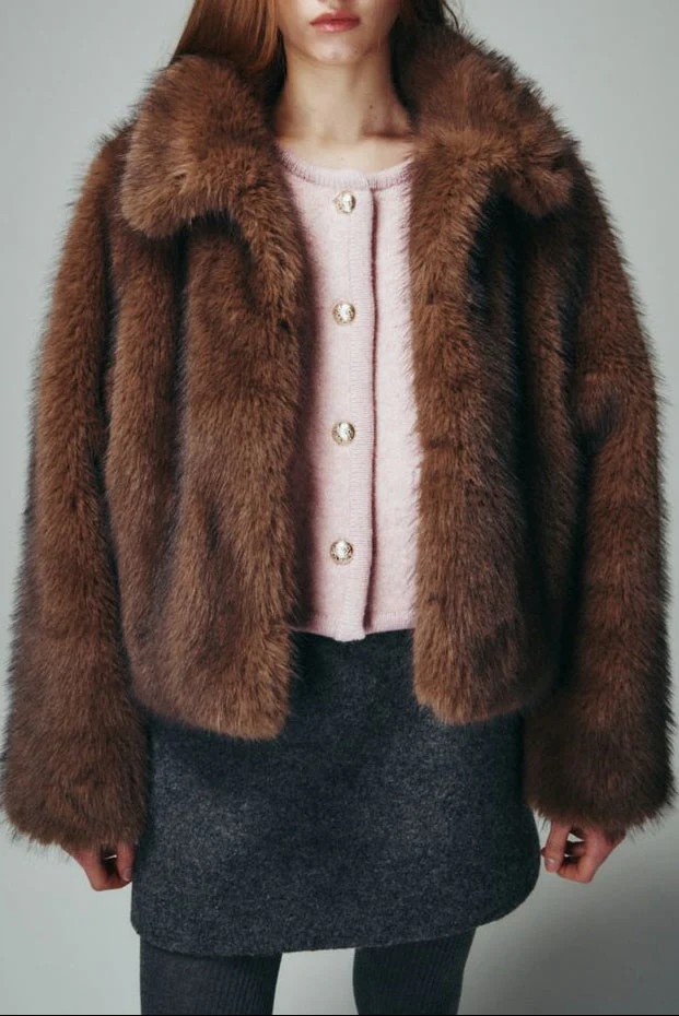 Dunst Vegan Fur Cropped Jacket - Brown - Image 14