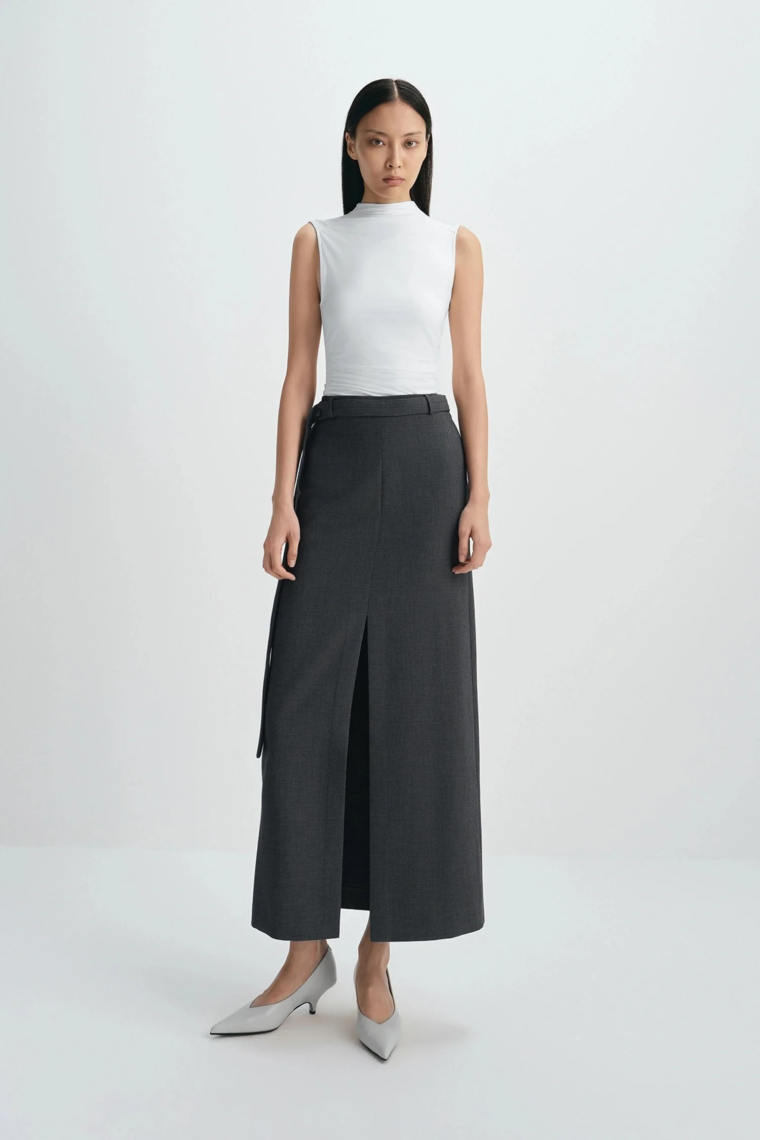 Sophie Rue Noelia Center Slit Belted Skirt - Charcoal - Image 3