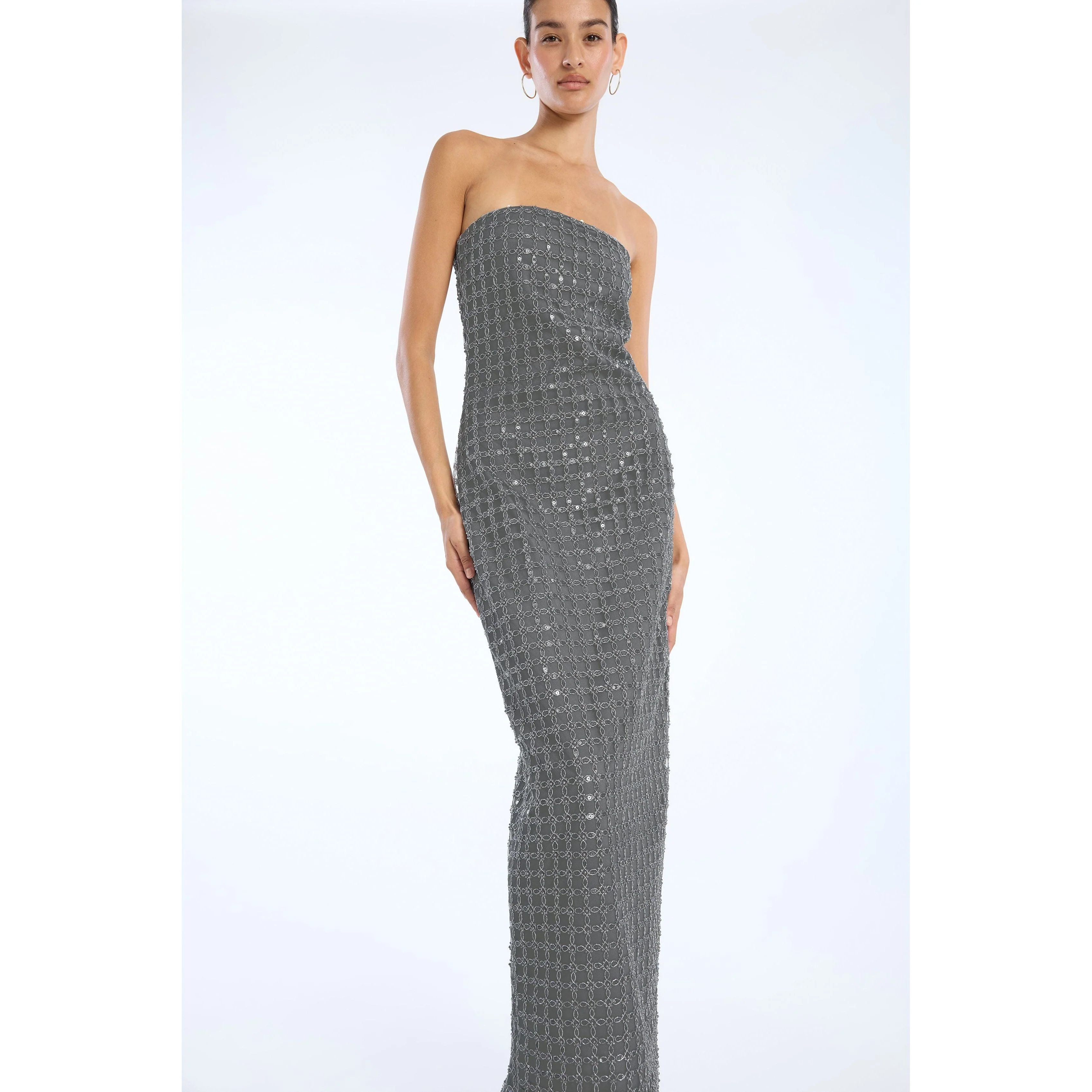 ROTATE Birger Christensen Beaded Maxi Tube Dress - Castor Gray - Image 2