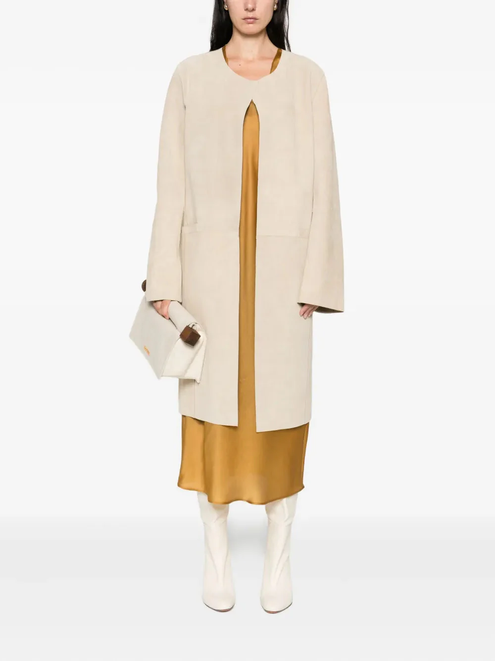 Totême Collarless Suede Coat - Peanut - Image 2