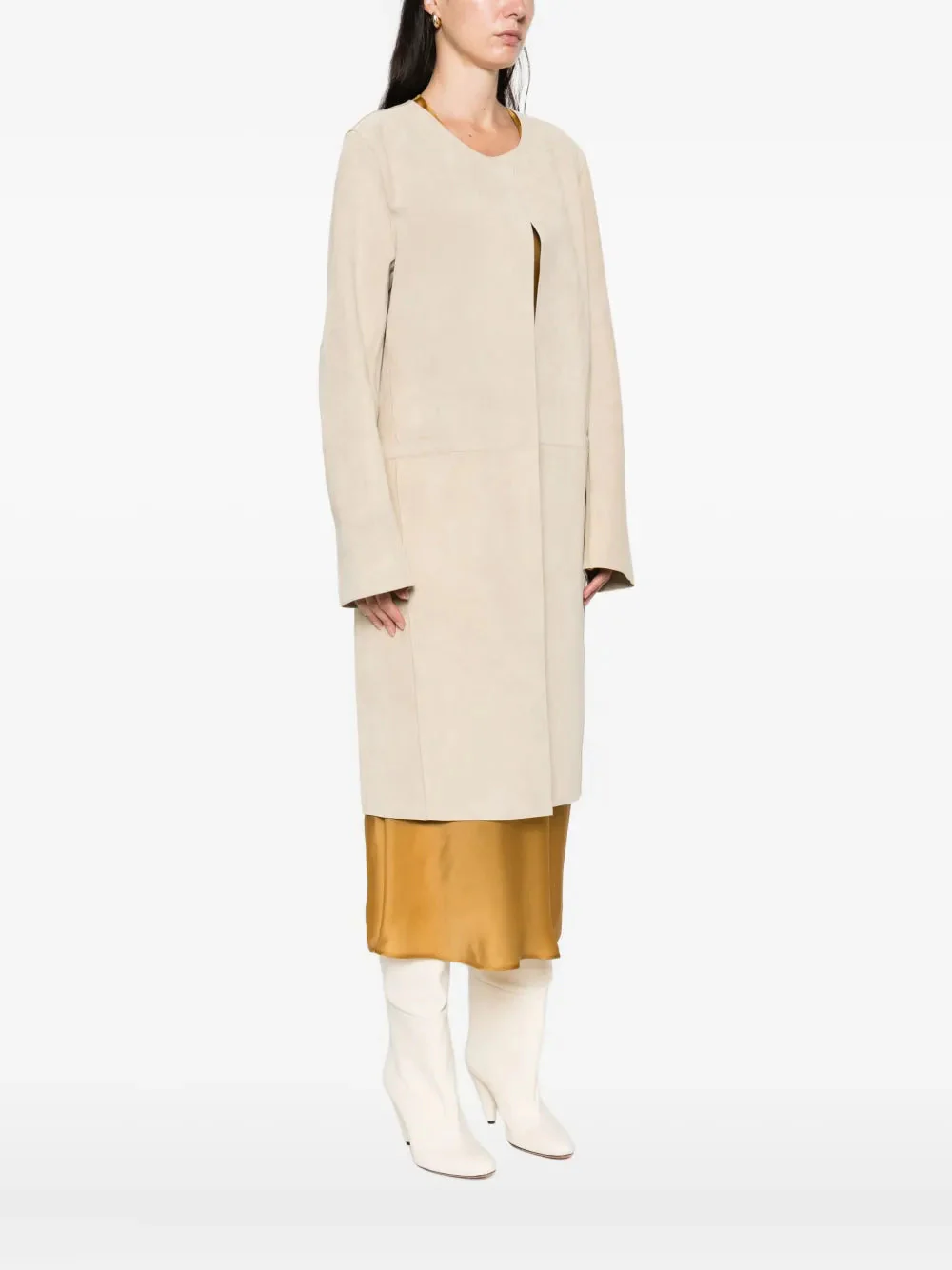 Totême Collarless Suede Coat - Peanut - Image 3
