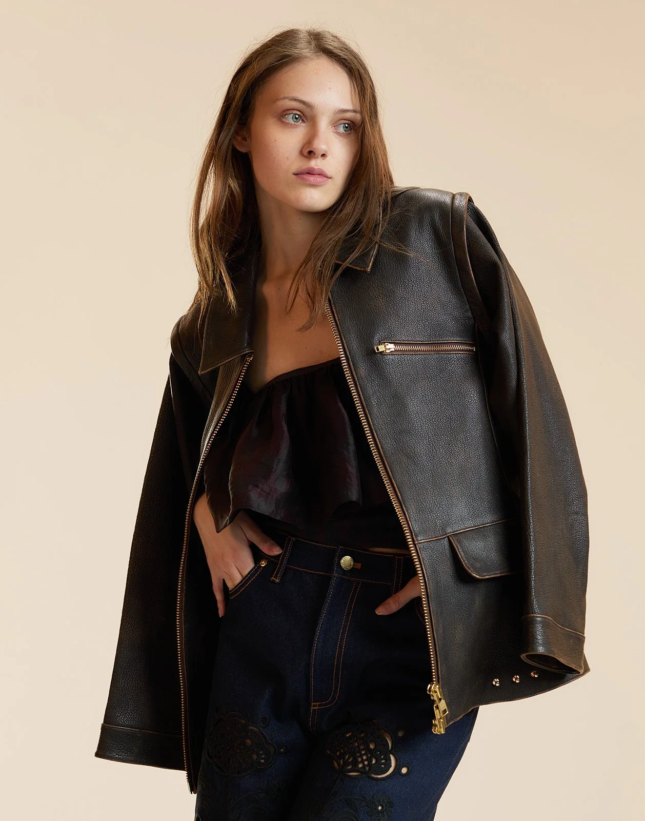 Cynthia Rowley Winona Leather Oversized Jacket - Brown - Image 2