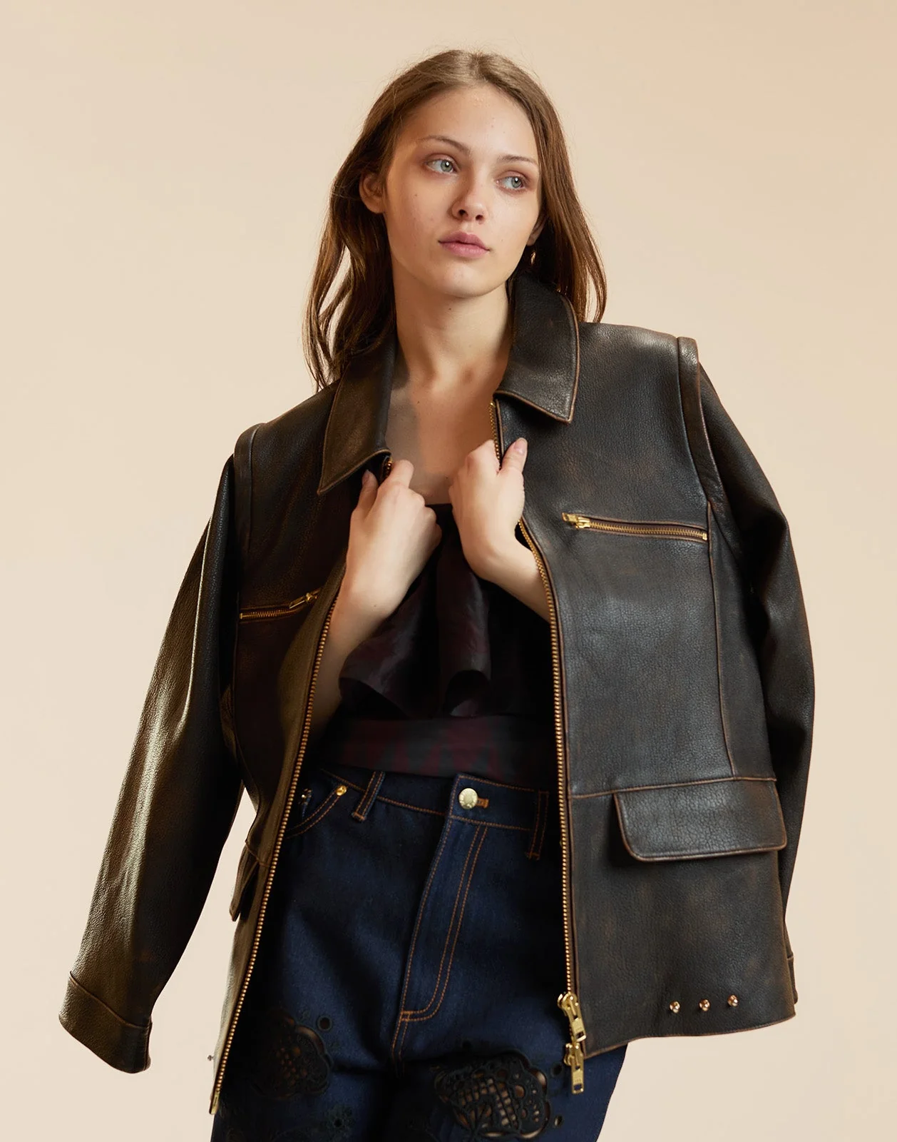 Cynthia Rowley Winona Leather Oversized Jacket - Brown - Image 3