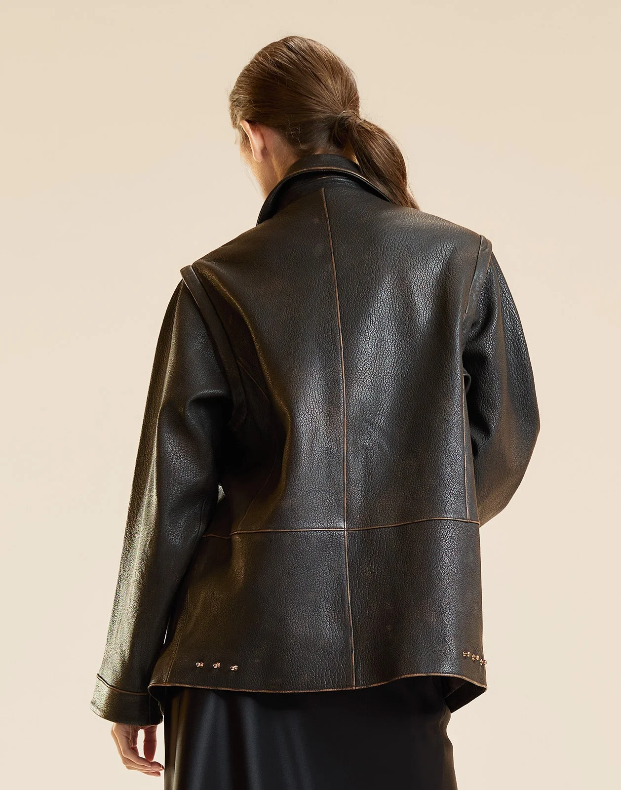 Cynthia Rowley Winona Leather Oversized Jacket - Brown - Image 4