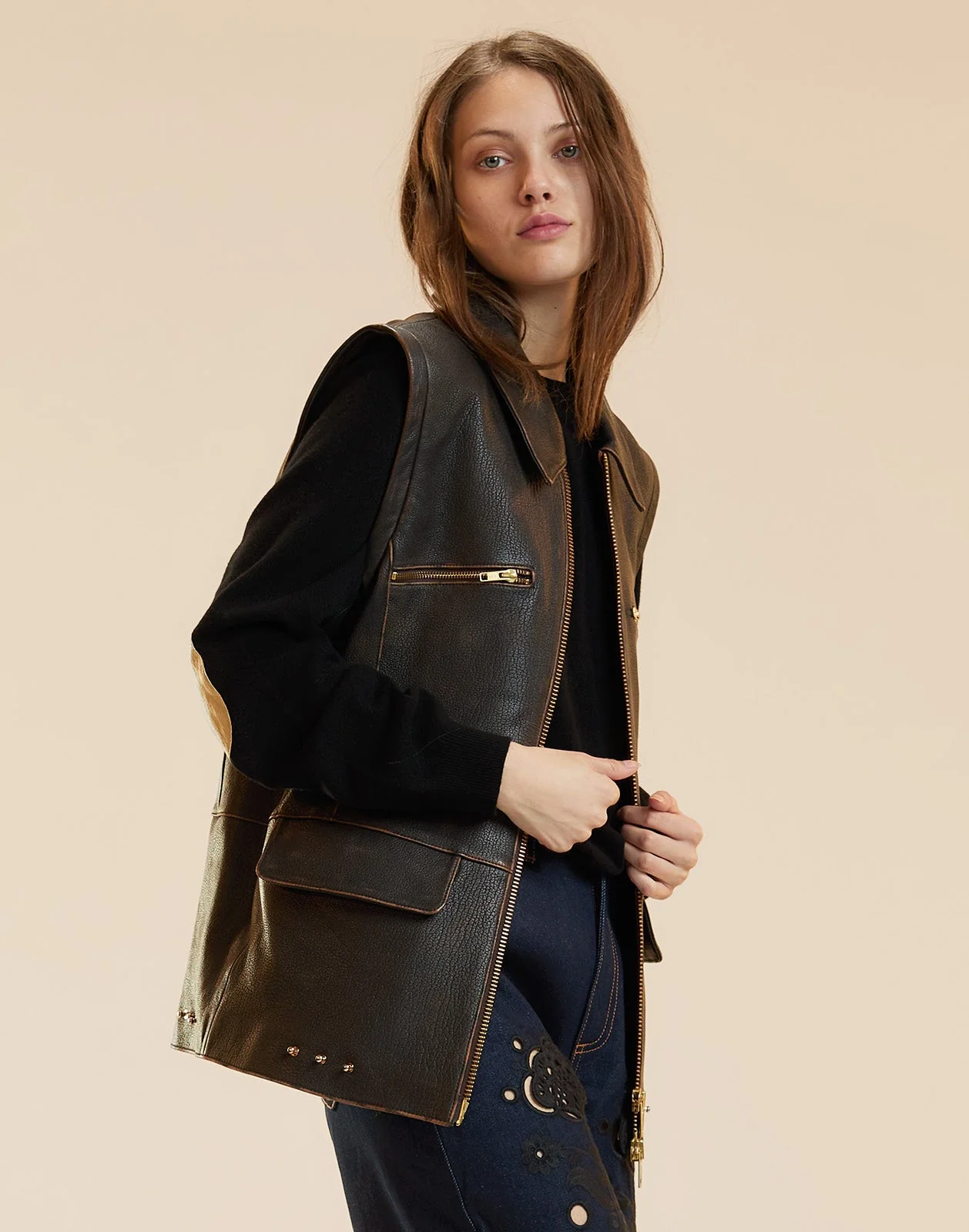 Cynthia Rowley Winona Leather Oversized Jacket - Brown - Image 6