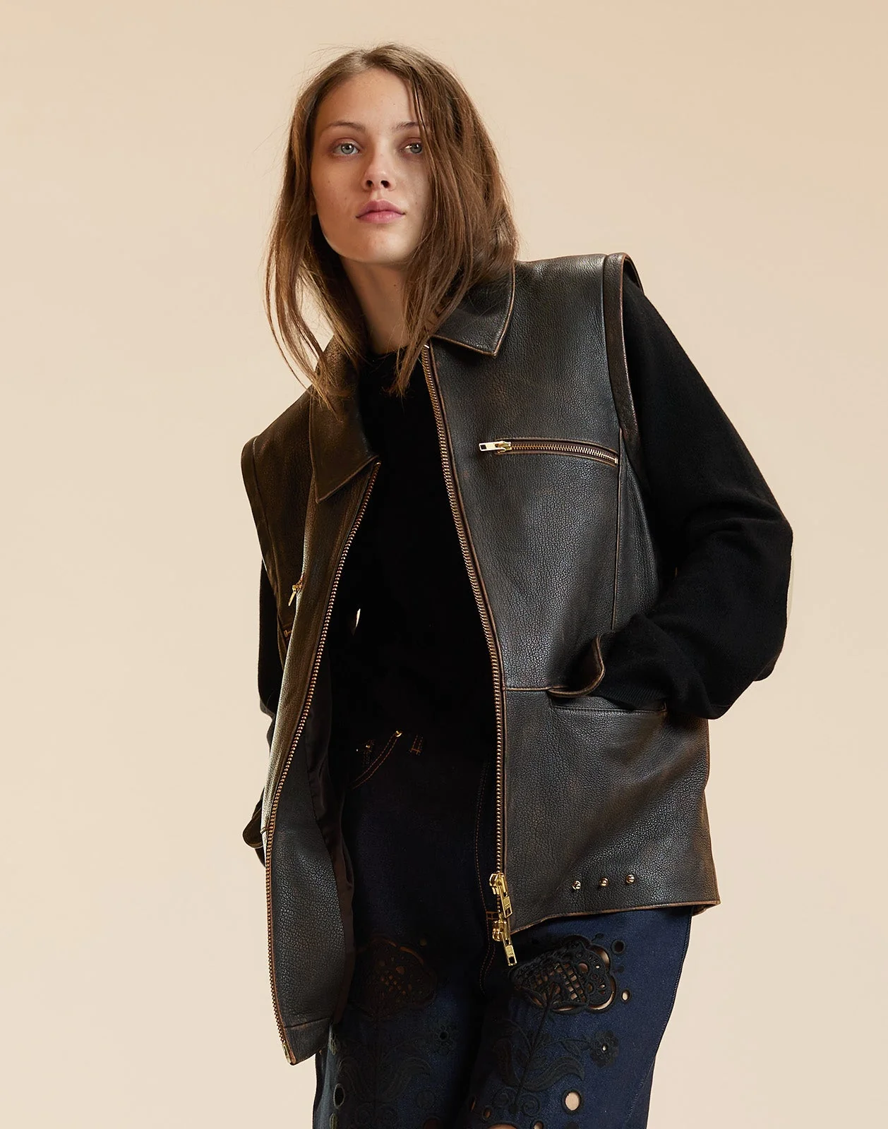 Cynthia Rowley Winona Leather Oversized Jacket - Brown - Image 8