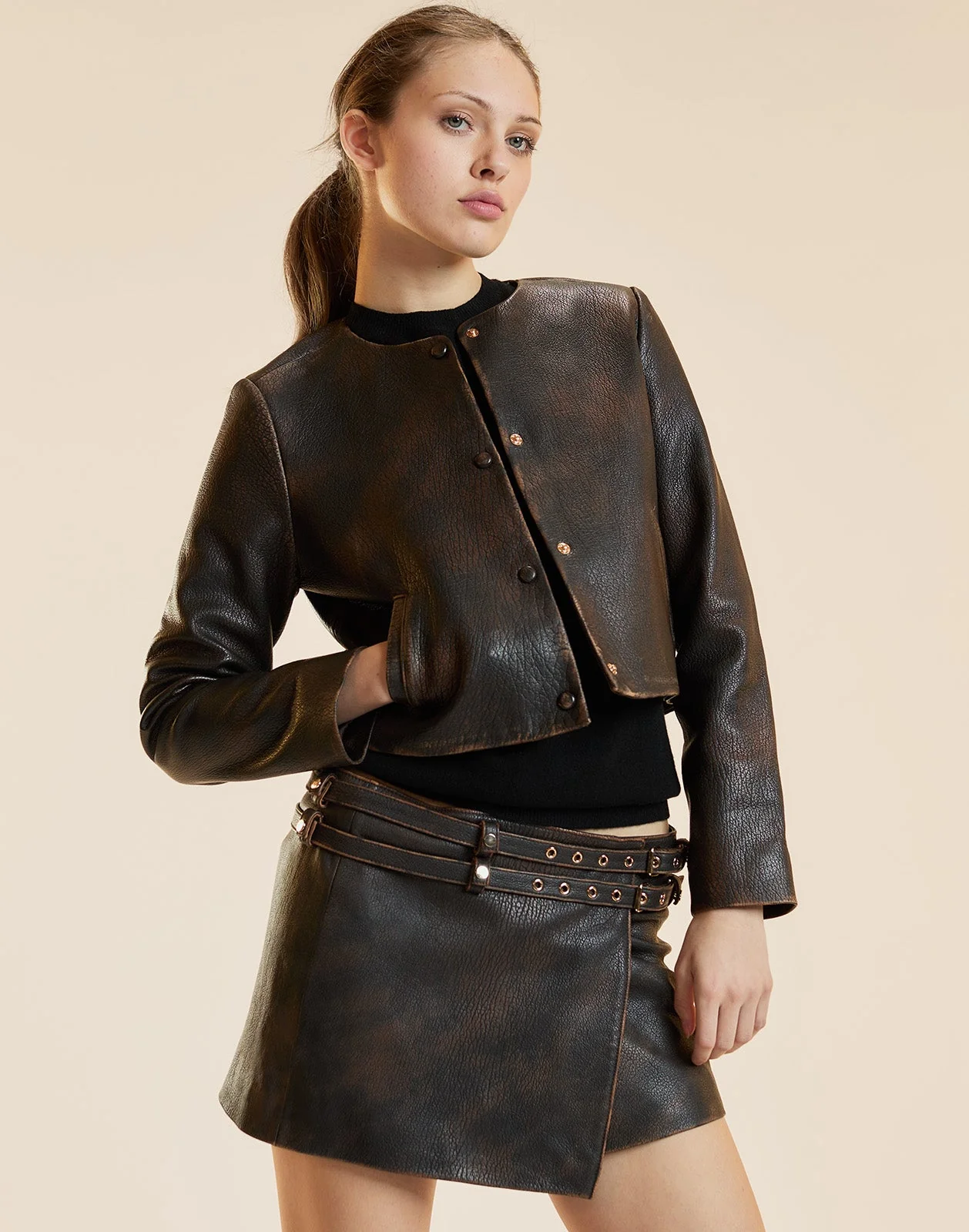 Cynthia Rowley Winona Leather Wrap Skirt - Brown - Image 2
