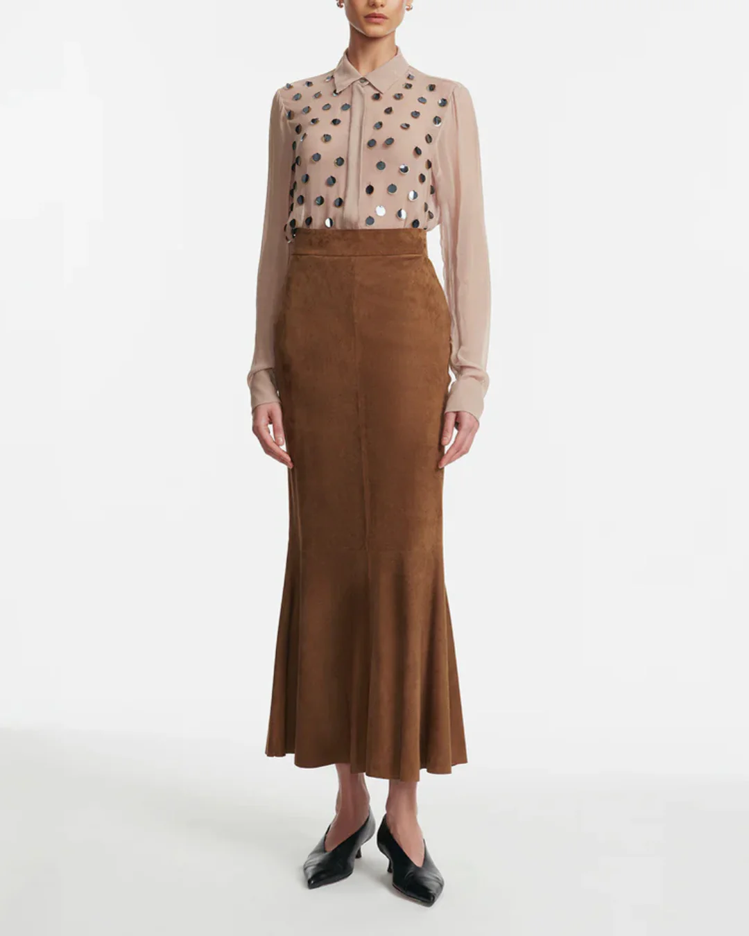 Lela Rose Paillette Embroidered Georgette Shirt - Taupe - Image 2