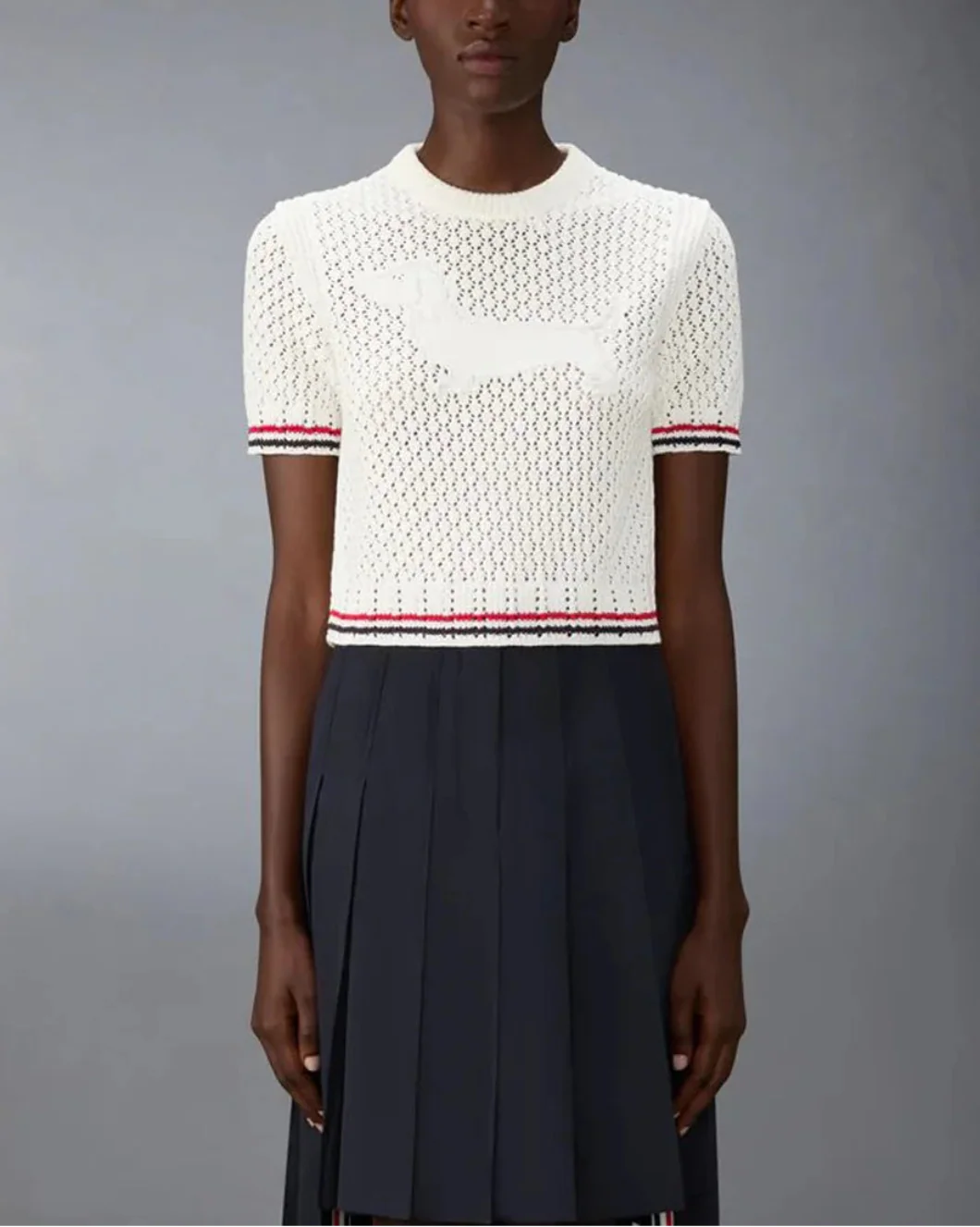 Thom Browne Cotton Pointelle Stitch Hector RWB Tee - White - Image 2