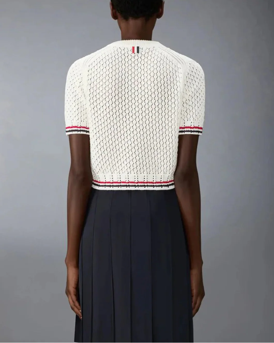 Thom Browne Cotton Pointelle Stitch Hector RWB Tee - White - Image 3