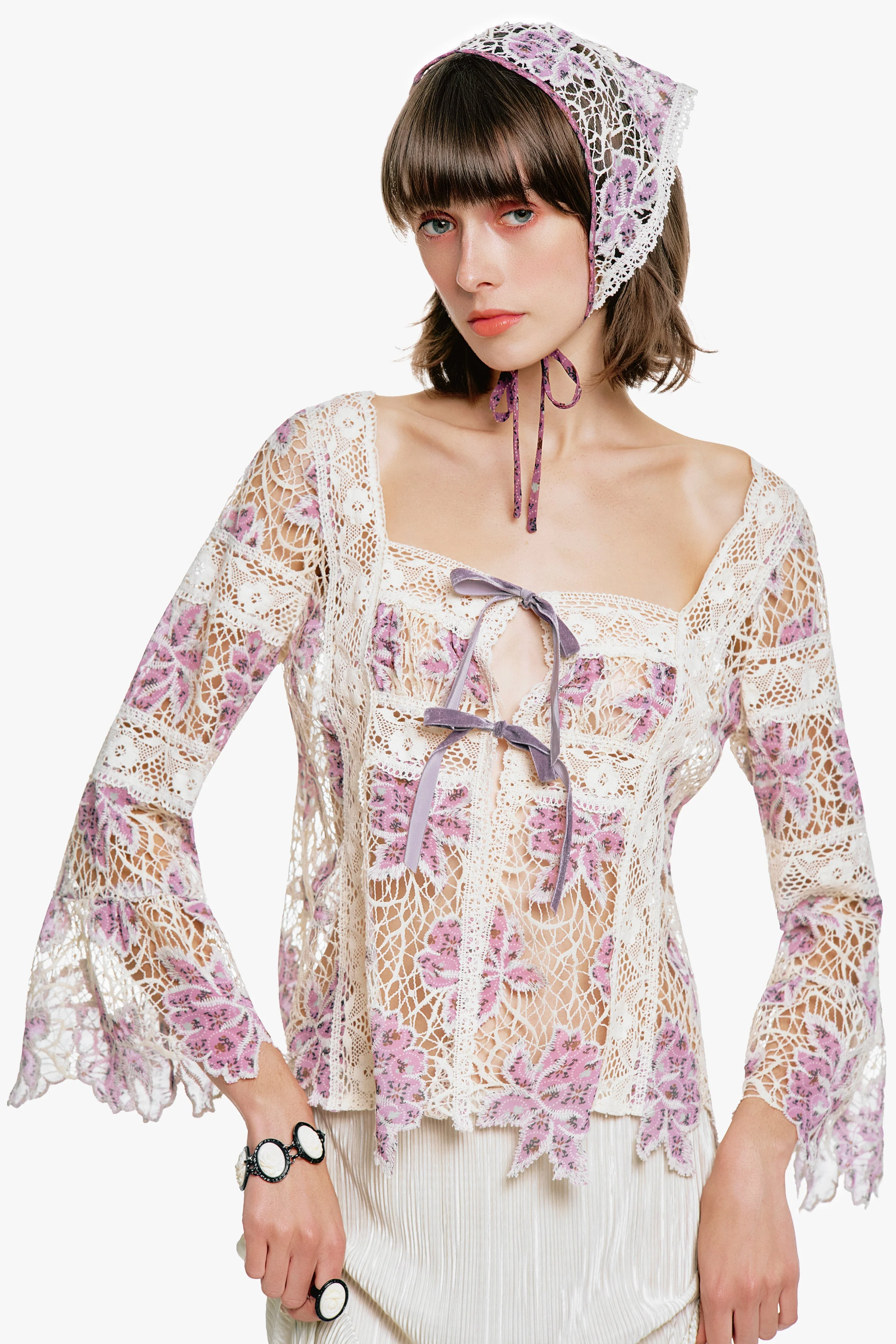 Anna Sui Medallion Floral Lace Tie Blouse - Image 2