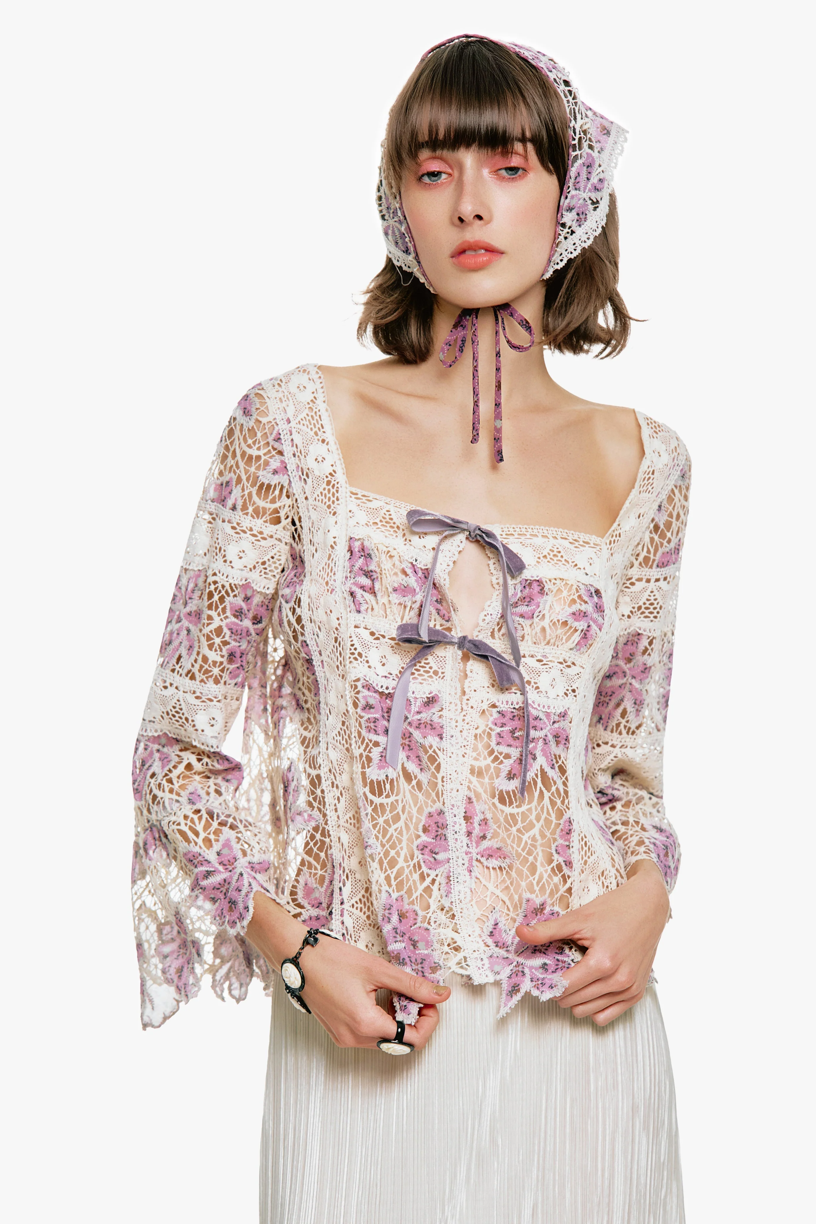 Anna Sui Medallion Floral Lace Tie Blouse - Image 6
